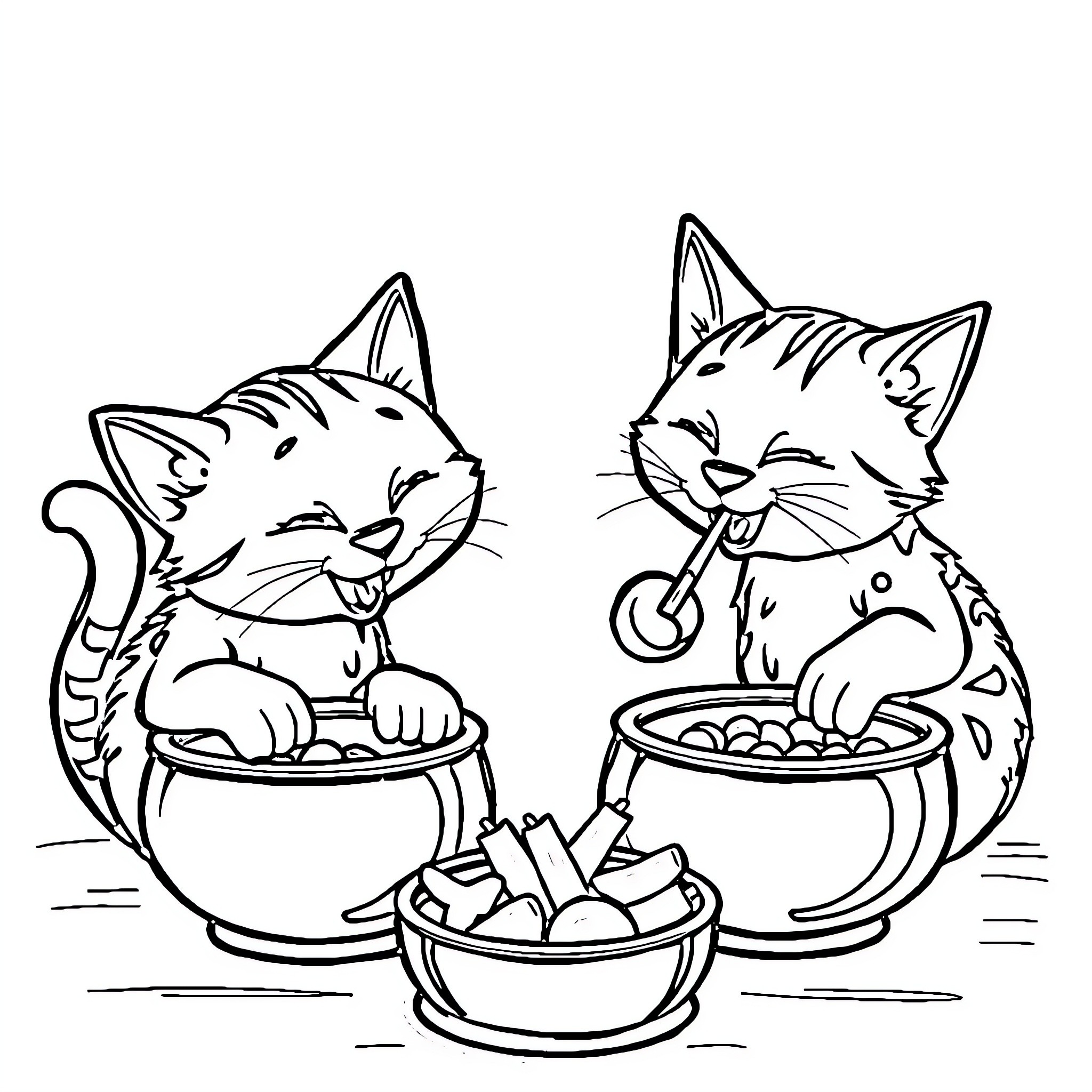 Cats Enjoying Treats in Bowls Coloring Page (free black-and-white line drawing printable PDF for all, from beginners to advanced learners, including children, teens, adults, and seniors)