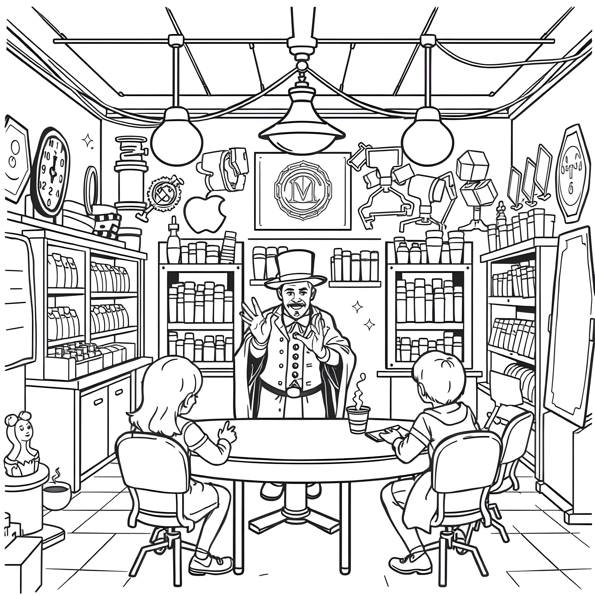 Magician Performing Tricks in Whimsical Magical Shop Coloring Page (free black-and-white line drawing printable PDF for all, from beginners to advanced learners, including children, teens, adults, and seniors)
