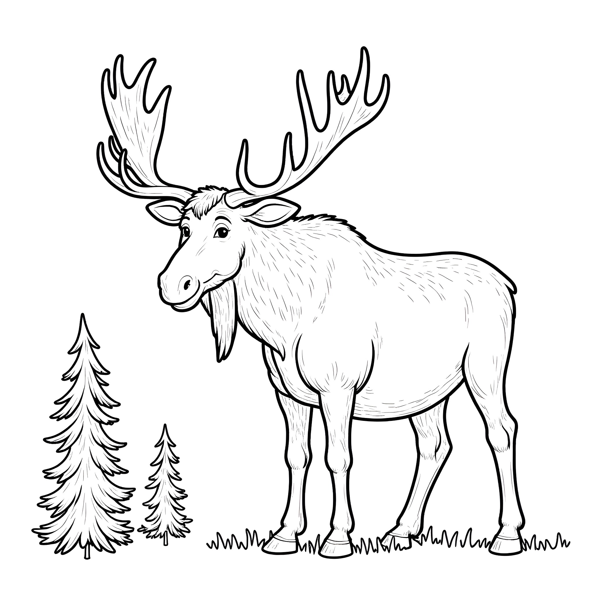 Moose standing in the forest Coloring Page (free black-and-white line drawing printable PDF for all, from beginners to advanced learners, including children, teens, adults, and seniors)