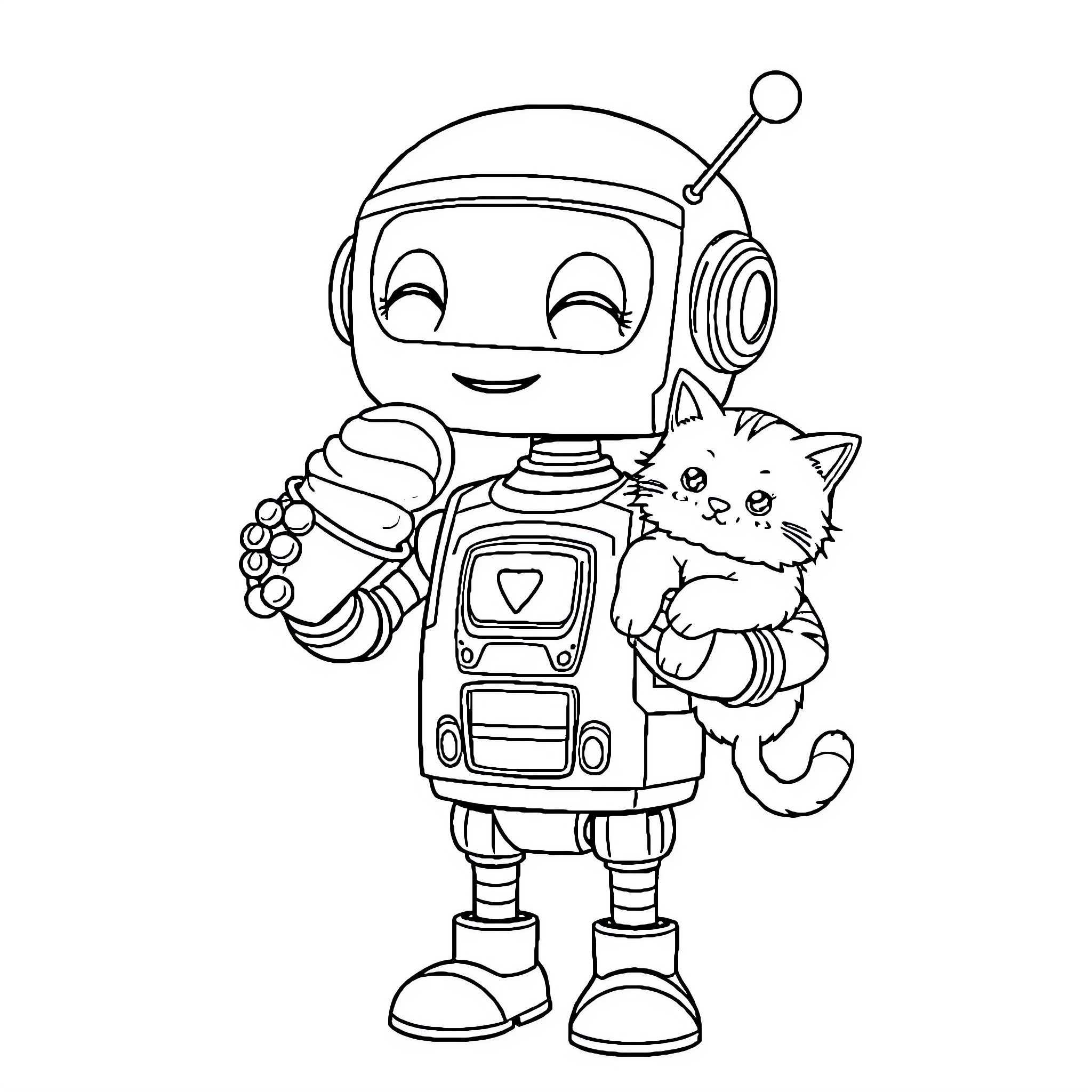 Robot playing with a cute cat Coloring Page (free black-and-white line drawing printable PDF for all, from beginners to advanced learners, including children, teens, adults, and seniors)