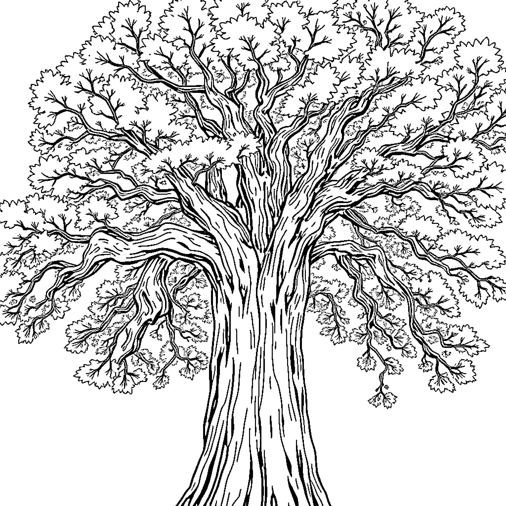 Oak Tree in Detailed Monochrome Illustration Coloring Page (free black-and-white line drawing printable PDF for all, from beginners to advanced learners, including children, teens, adults, and seniors)