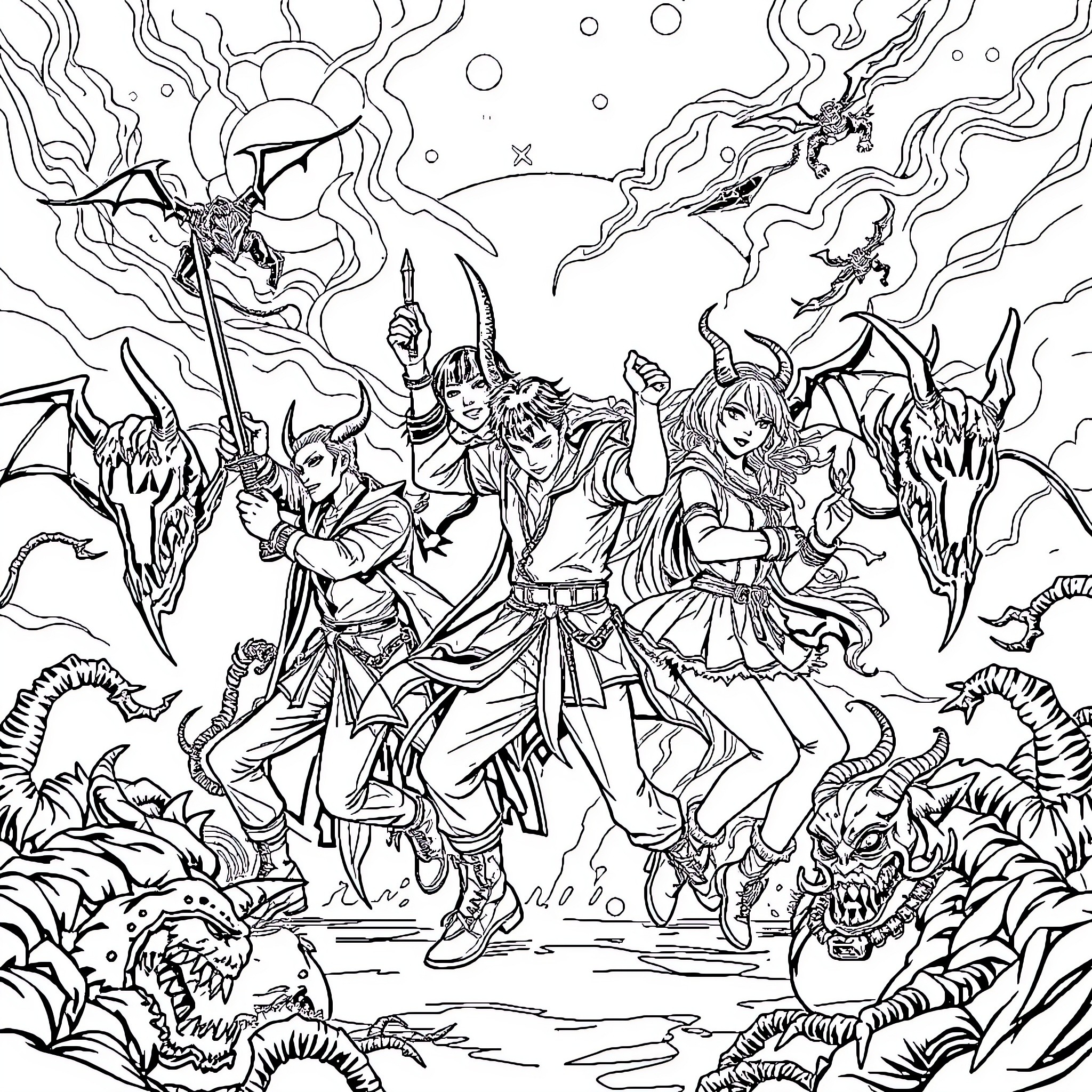 Demon Hunter's Perilous Journey Through the Fantastical Realm Coloring Page (free black-and-white line drawing printable PDF for all, from beginners to advanced learners, including children, teens, adults, and seniors)