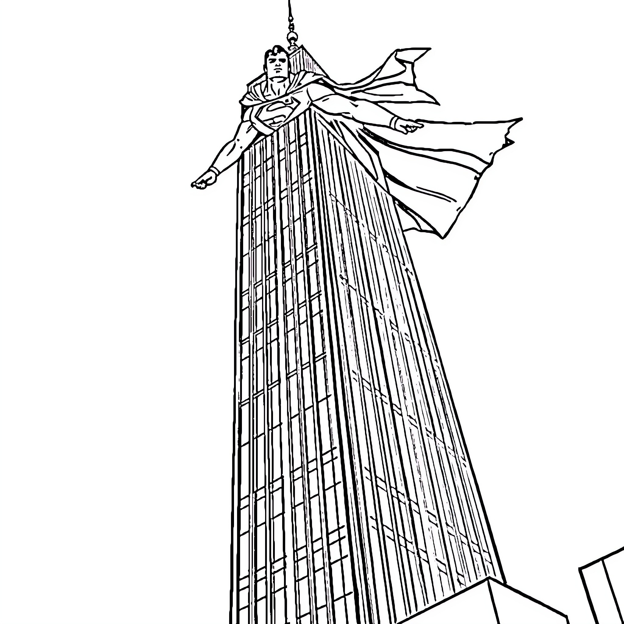Superman rescuing citizens from skyscraper in peril Coloring Page (free black-and-white line drawing printable PDF for all, from beginners to advanced learners, including children, teens, adults, and seniors)