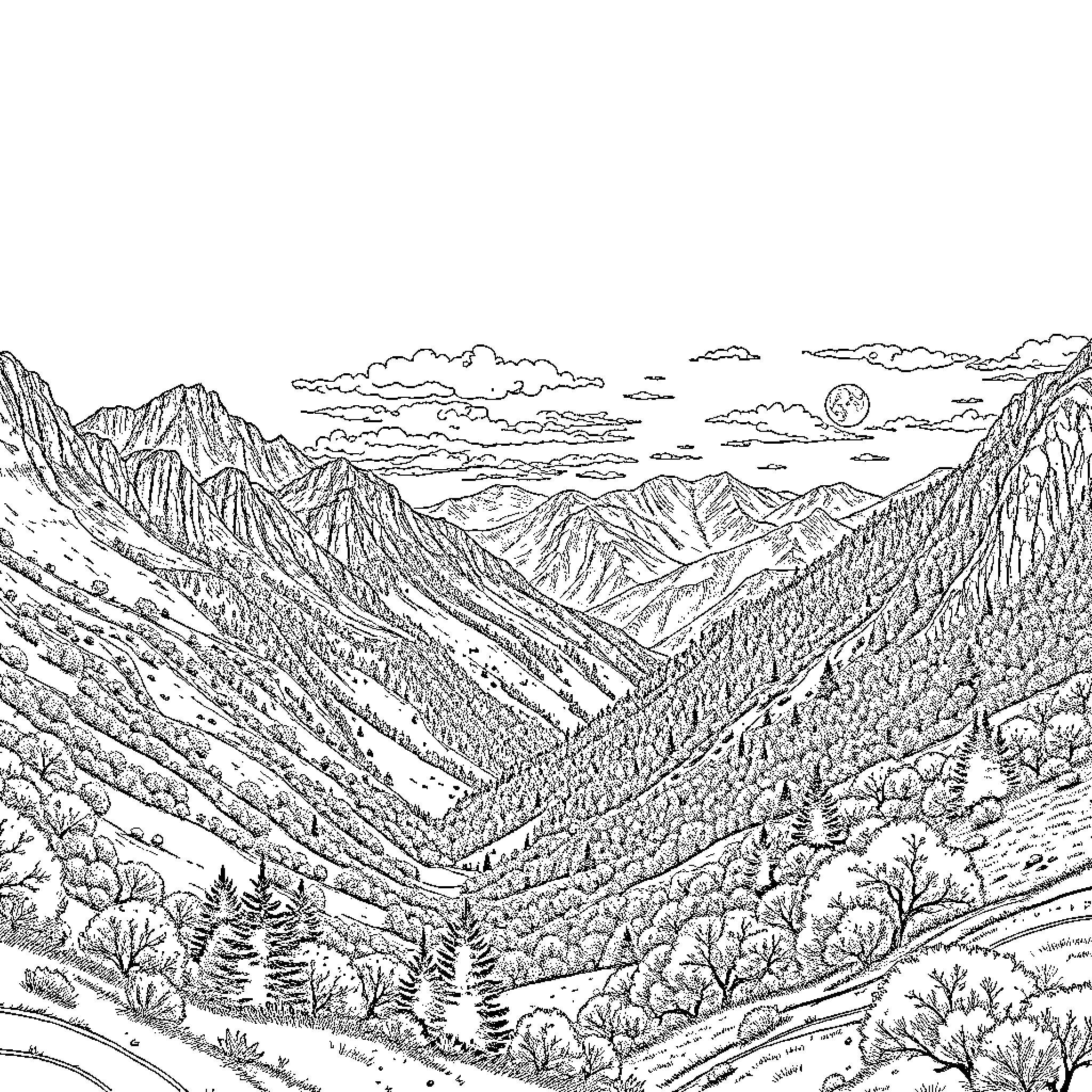 Landscape of scenic mountain range and forest Coloring Page (free black-and-white line drawing printable PDF for all, from beginners to advanced learners, including children, teens, adults, and seniors)