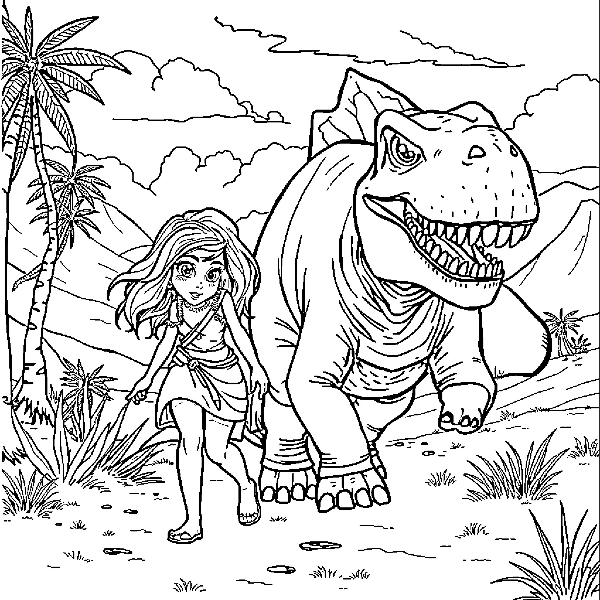 Cave Girl Explores the Prehistoric Landscape with Dinosaur Coloring Page (free black-and-white line drawing printable PDF for all, from beginners to advanced learners, including children, teens, adults, and seniors)