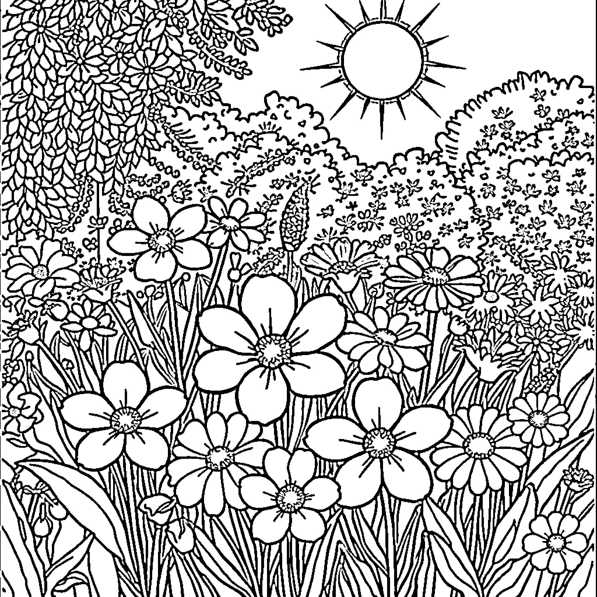Flower garden scene with sun and clouds Coloring Page (free black-and-white line drawing printable PDF for all, from beginners to advanced learners, including children, teens, adults, and seniors)