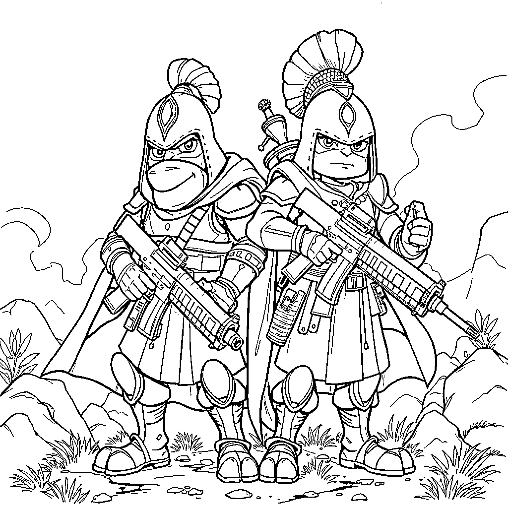 Wolverine warriors in fierce battle pose Coloring Page (free black-and-white line drawing printable PDF for all, from beginners to advanced learners, including children, teens, adults, and seniors)