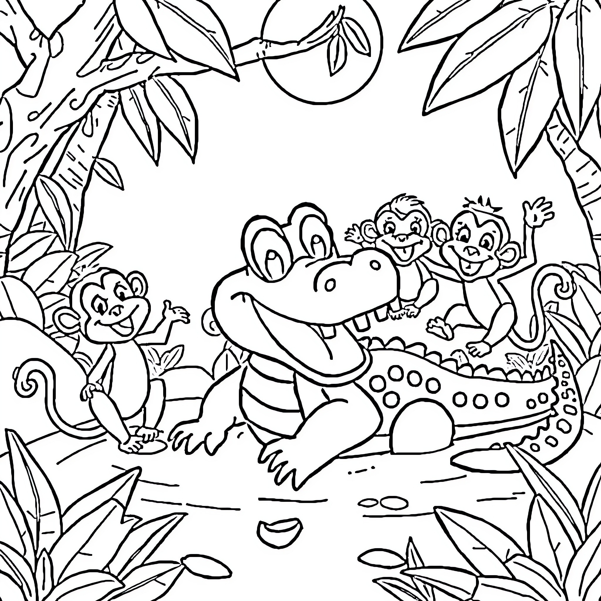 Alligator and monkeys playing together in the jungle Coloring Page (free black-and-white line drawing printable PDF for all, from beginners to advanced learners, including children, teens, adults, and seniors)