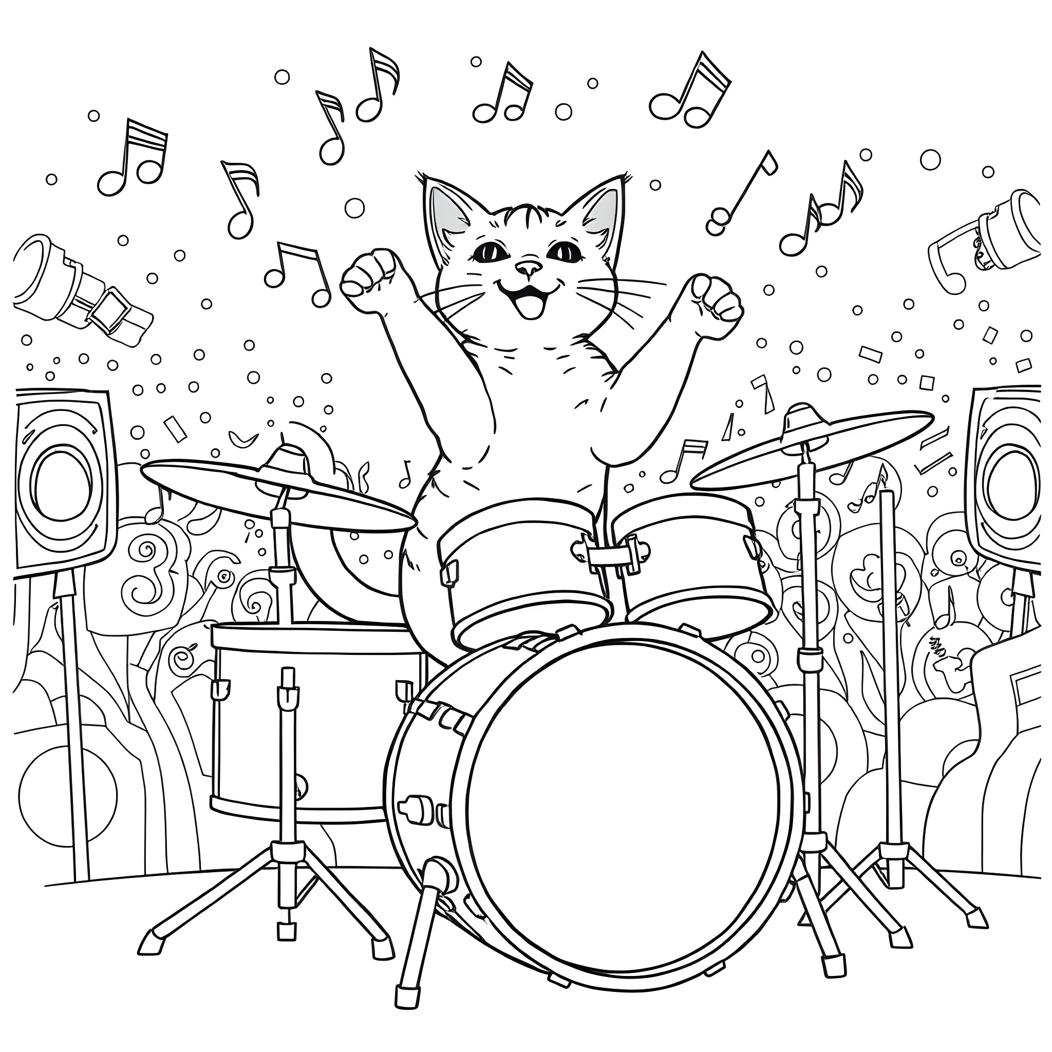 Cat playing the drums with music notes Coloring Page (free black-and-white line drawing printable PDF for all, from beginners to advanced learners, including children, teens, adults, and seniors)