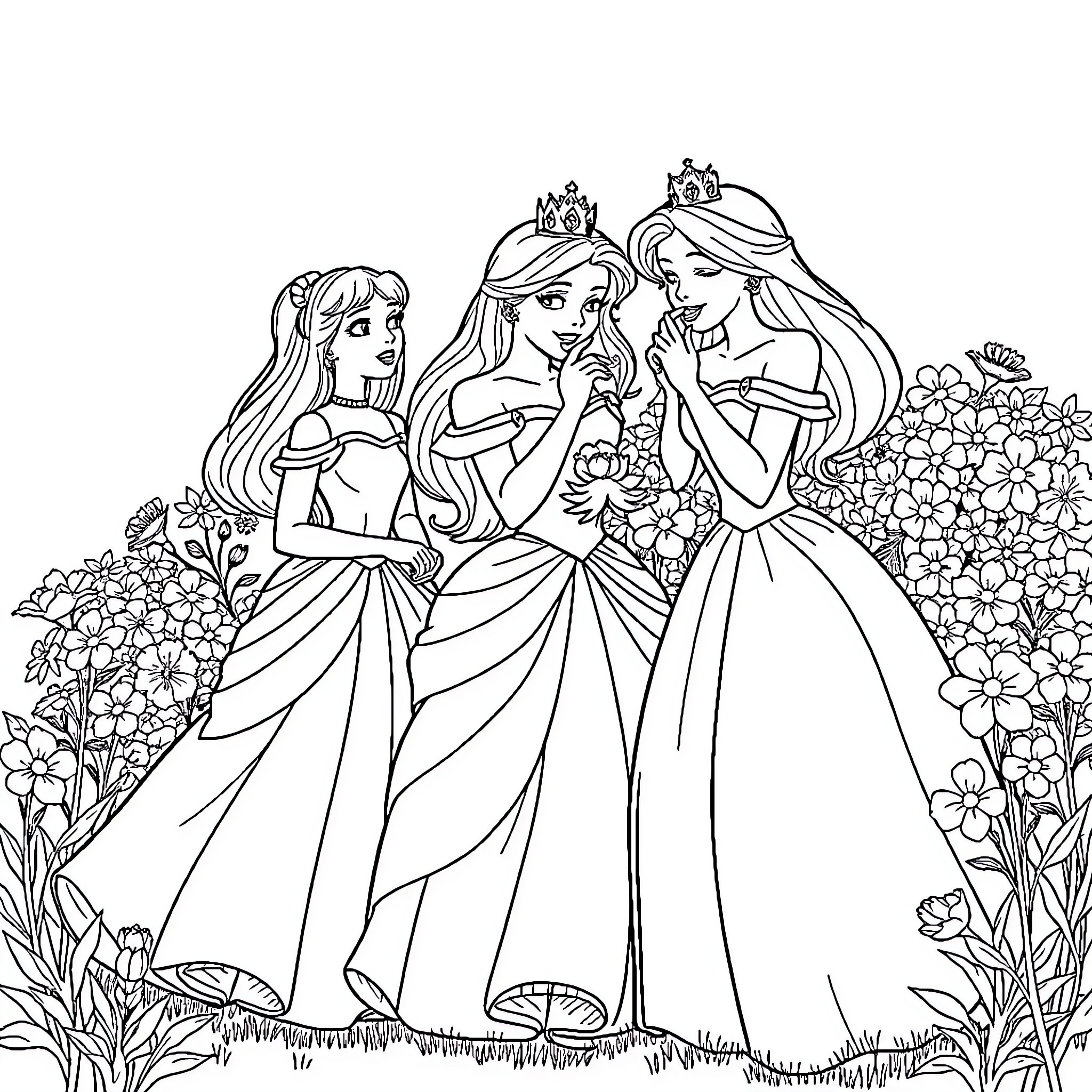 Princess friends chatting in a flower garden Coloring Page (free black-and-white line drawing printable PDF for all, from beginners to advanced learners, including children, teens, adults, and seniors)