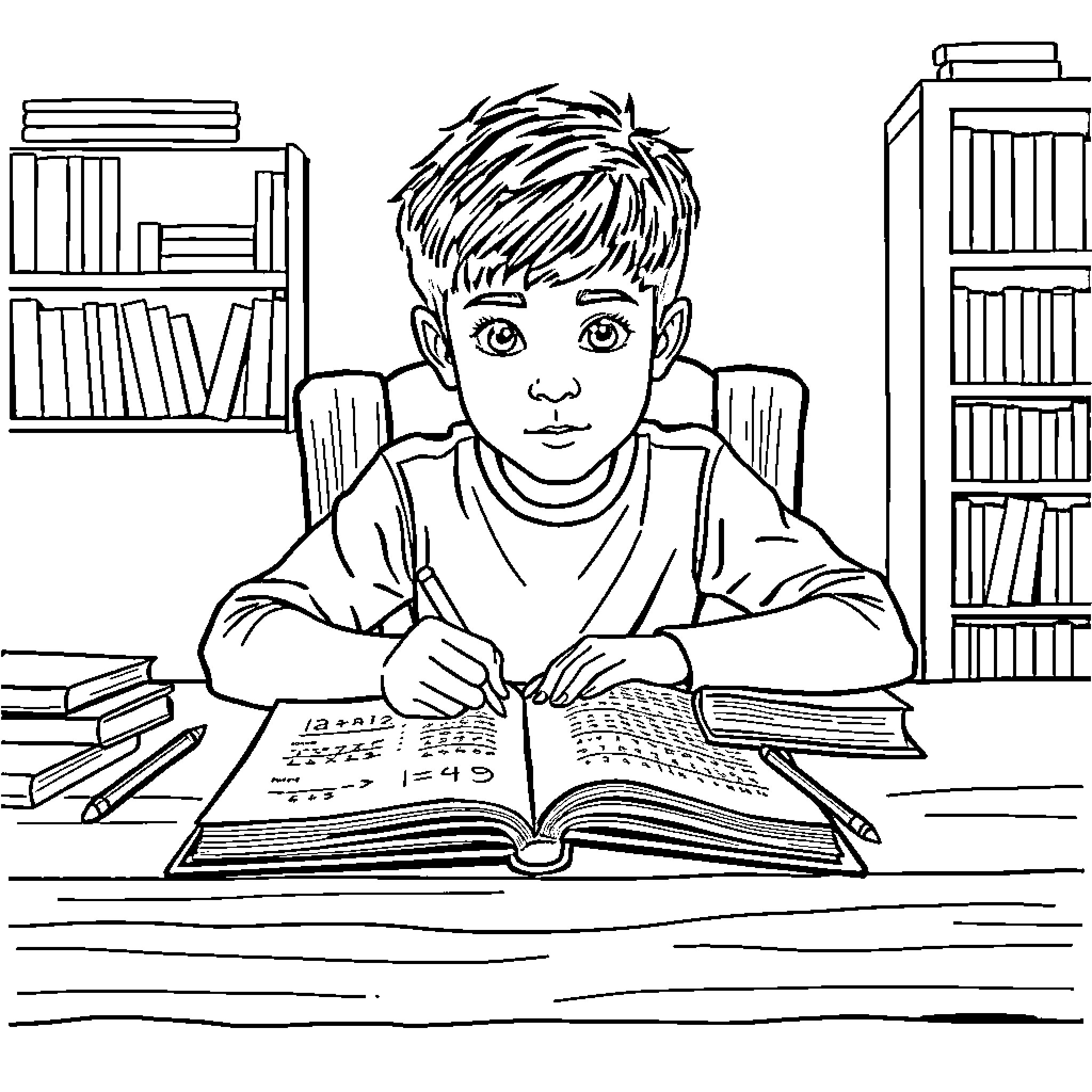 Luis Diaz studying diligently at the library Coloring Page (free black-and-white line drawing printable PDF for all, from beginners to advanced learners, including children, teens, adults, and seniors)