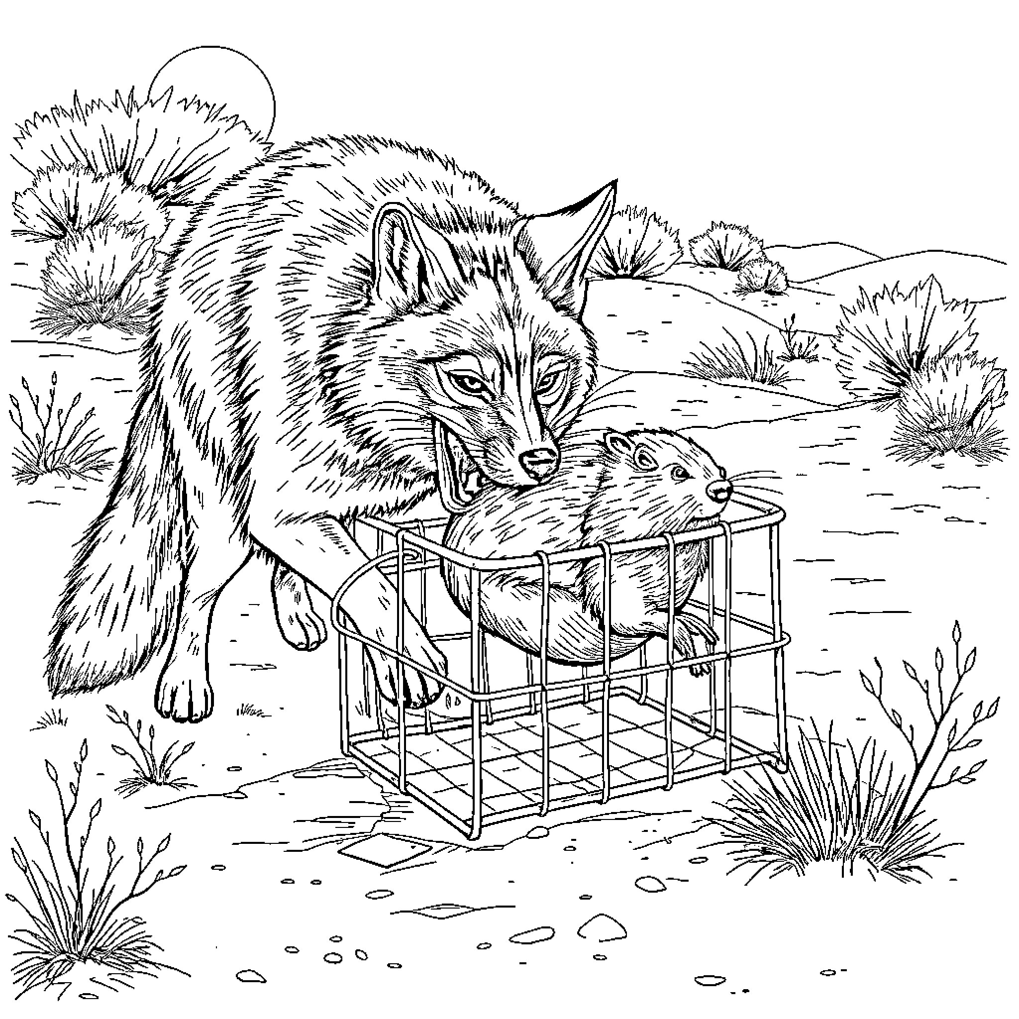 Coyote rescuing baby animals from a trap Coloring Page (free black-and-white line drawing printable PDF for all, from beginners to advanced learners, including children, teens, adults, and seniors)