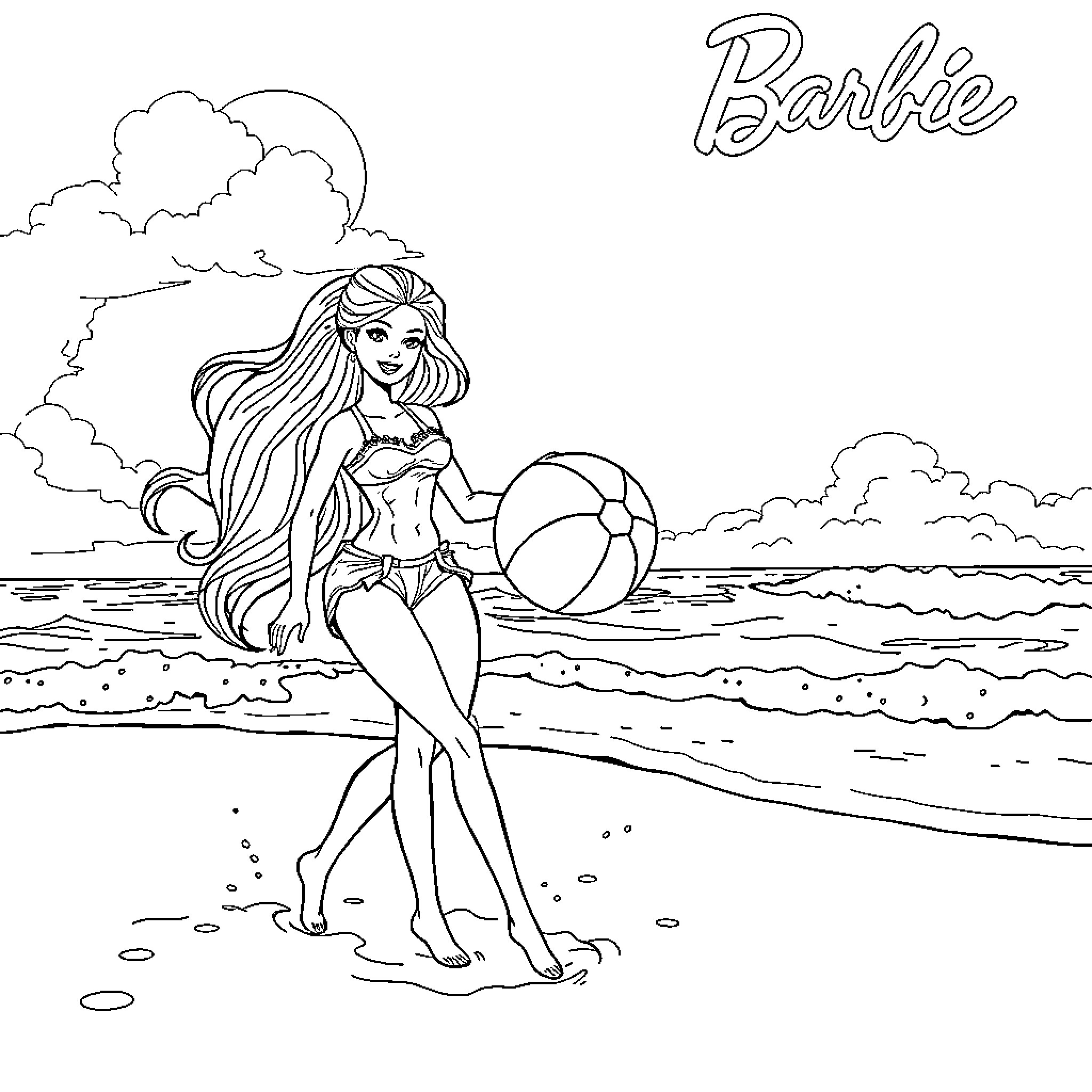 Barbie enjoying a day at the beach Coloring Page (free black-and-white line drawing printable PDF for all, from beginners to advanced learners, including children, teens, adults, and seniors)