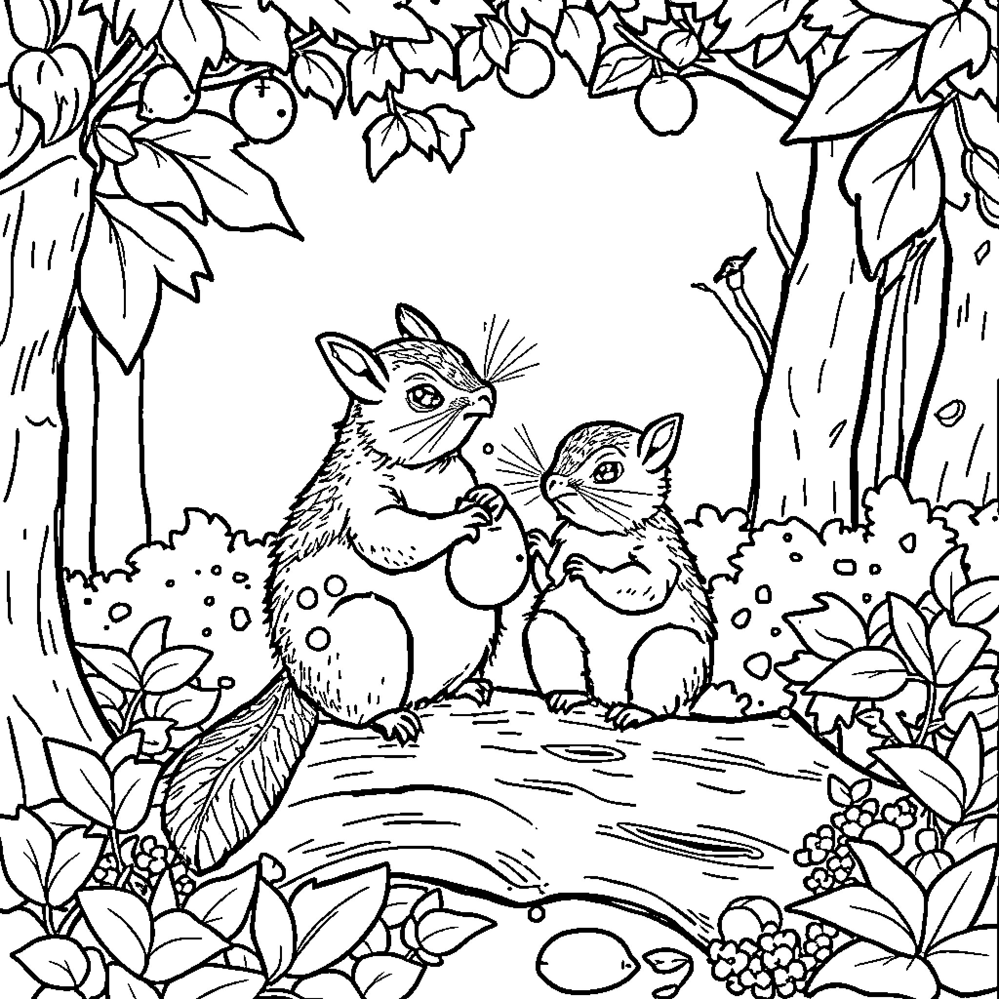Squirrels playing in the forest Coloring Page (free black-and-white line drawing printable PDF for all, from beginners to advanced learners, including children, teens, adults, and seniors)