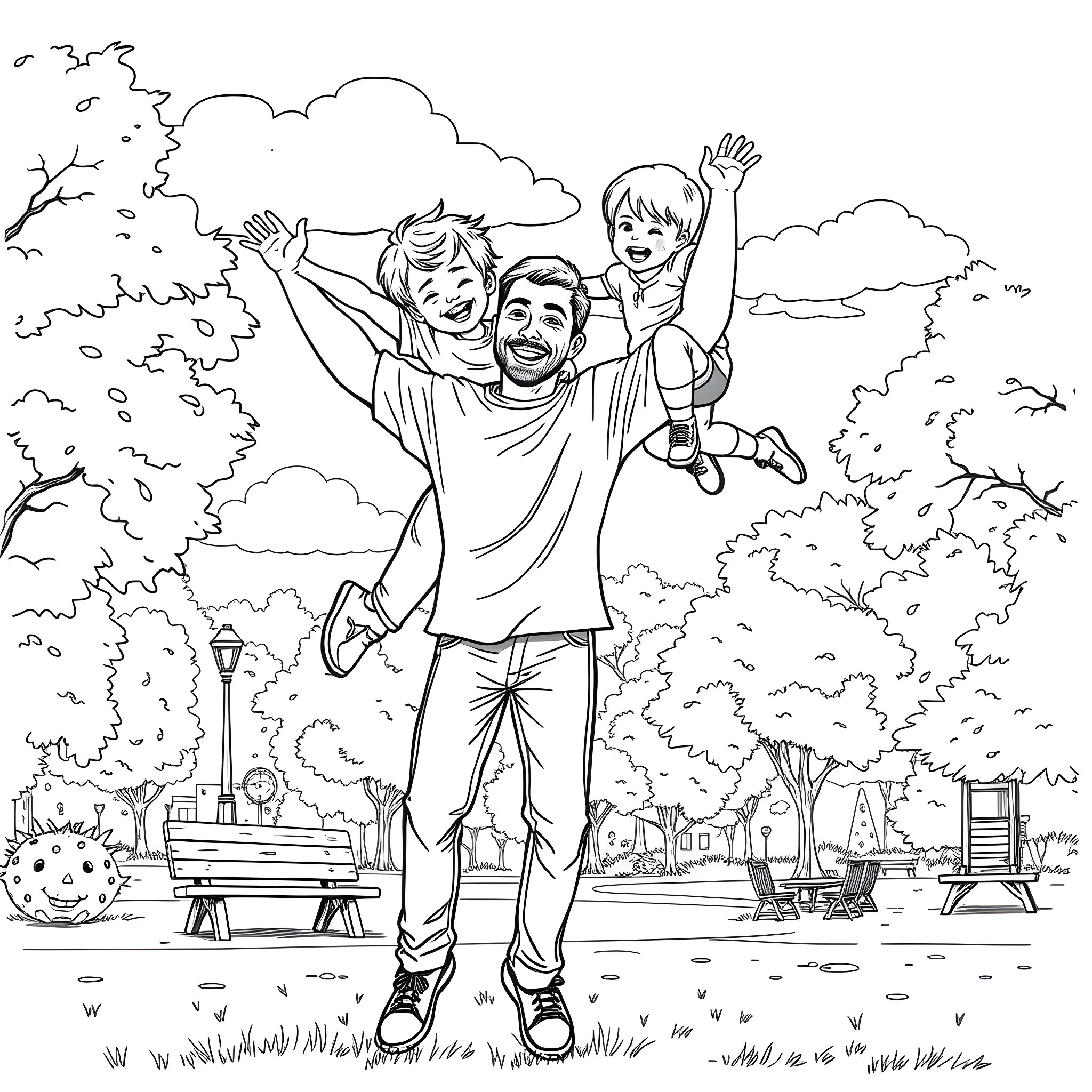 Dad enjoys playtime with happy children outdoors Coloring Page (free black-and-white line drawing printable PDF for all, from beginners to advanced learners, including children, teens, adults, and seniors)
