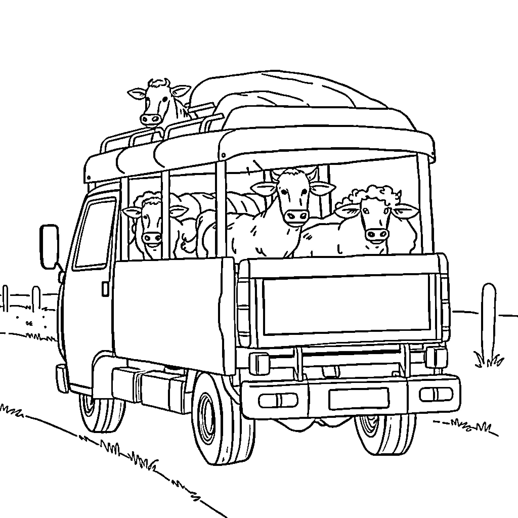 Truck transporting livestock on the road Coloring Page (free black-and-white line drawing printable PDF for all, from beginners to advanced learners, including children, teens, adults, and seniors)