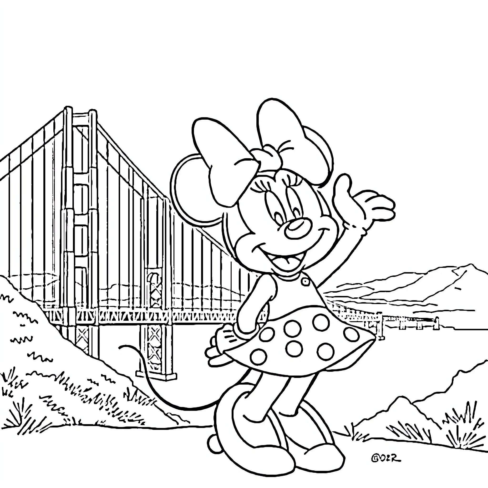 Minnie Mouse exploring the outdoors happily Coloring Page (free black-and-white line drawing printable PDF for all, from beginners to advanced learners, including children, teens, adults, and seniors)