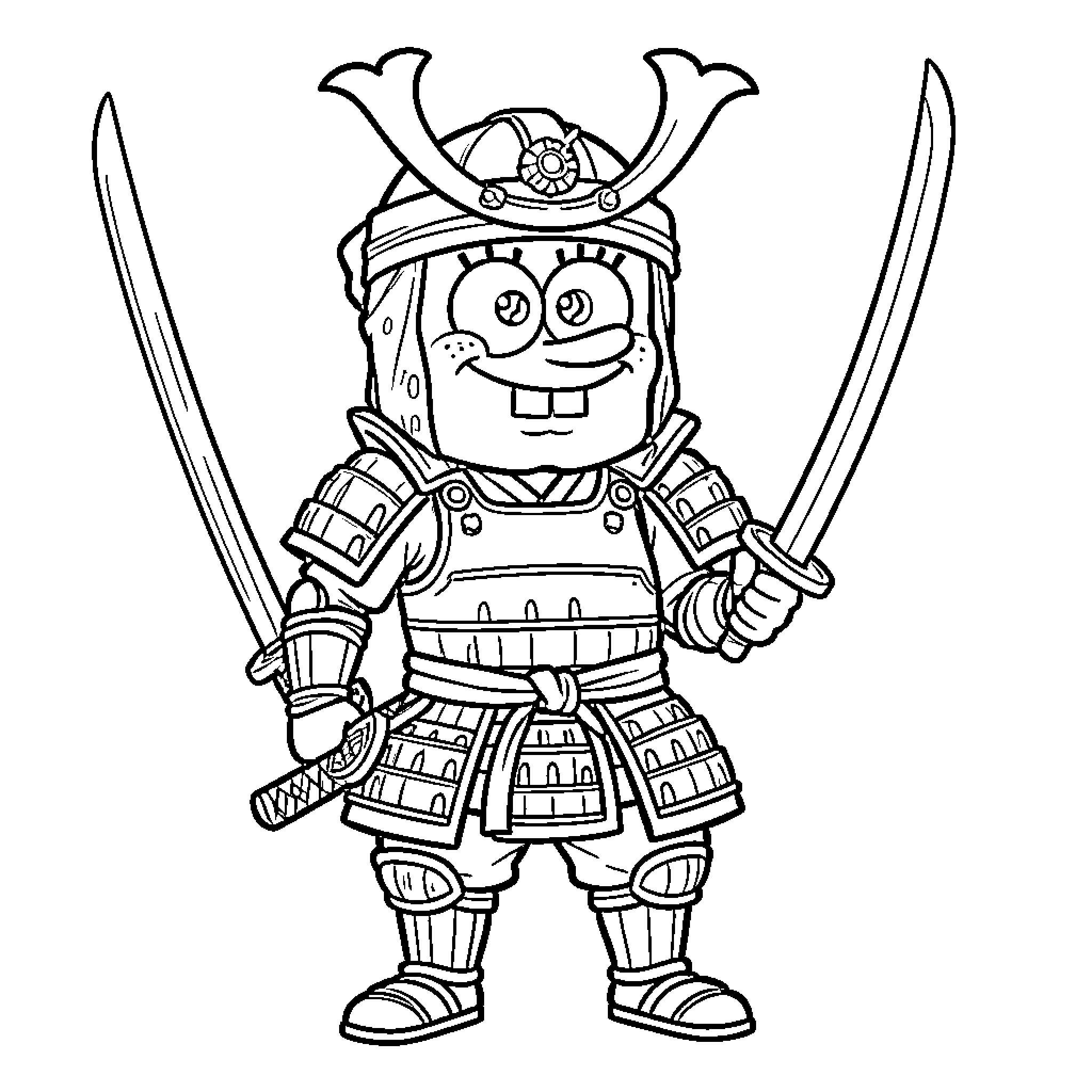 Spongebob in Samurai Warrior Outfit with Swords Coloring Page (free black-and-white line drawing printable PDF for all, from beginners to advanced learners, including children, teens, adults, and seniors)