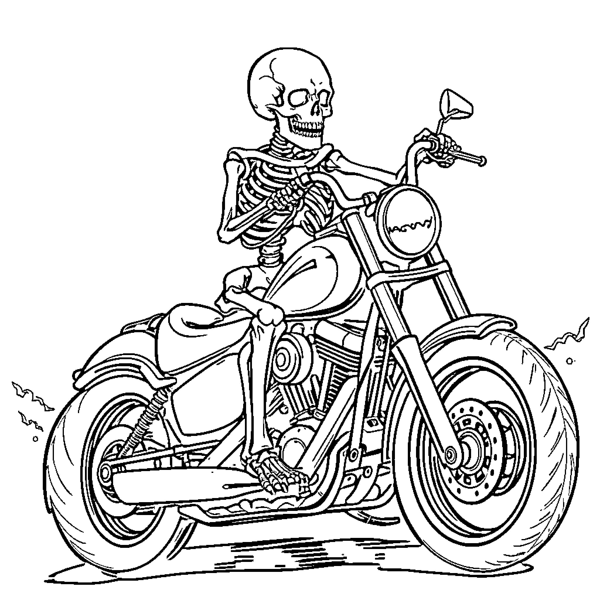Motorcycle skeleton rider on the road Coloring Page (free black-and-white line drawing printable PDF for all, from beginners to advanced learners, including children, teens, adults, and seniors)