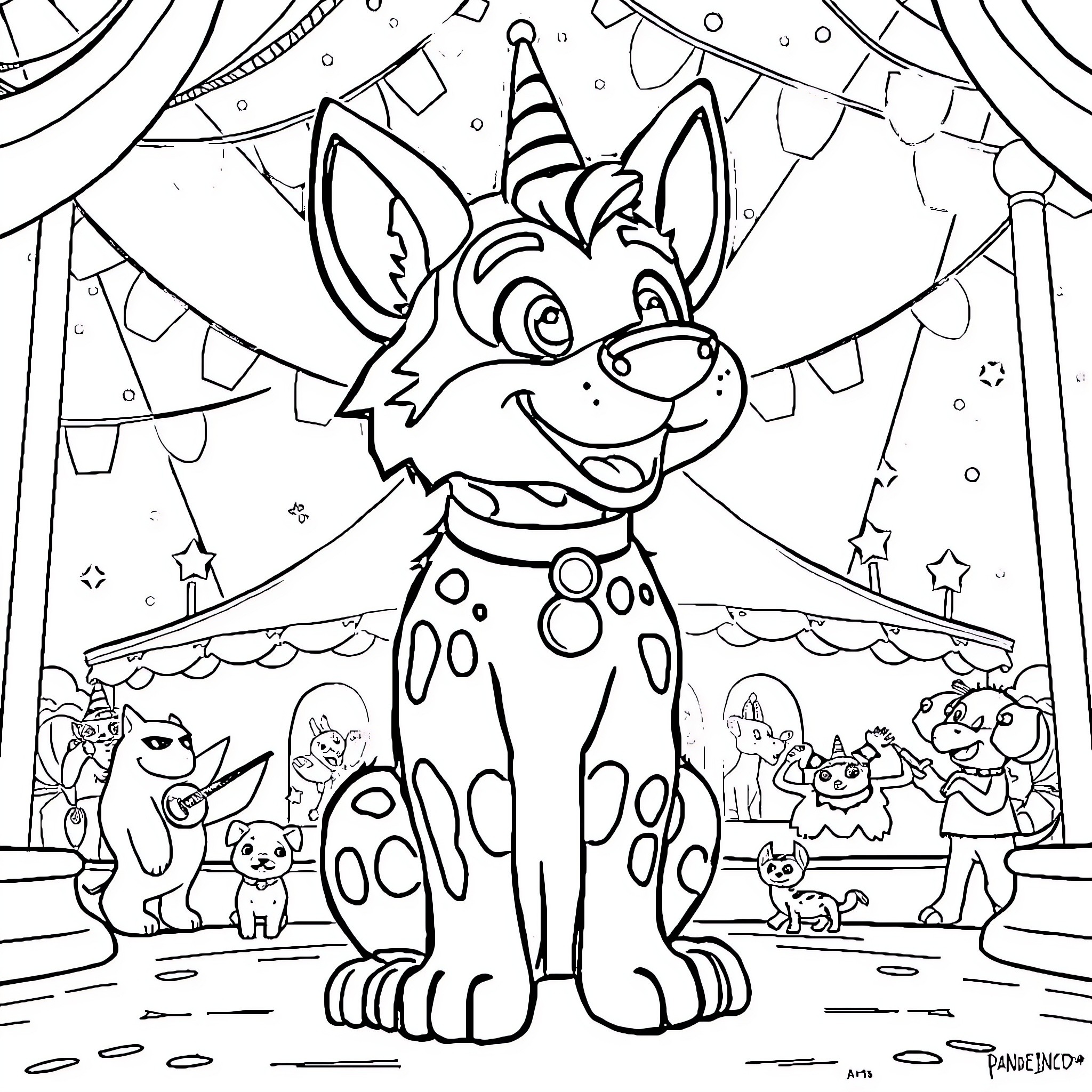 Jax the Playful Pup at the Circus Coloring Page (free black-and-white line drawing printable PDF for all, from beginners to advanced learners, including children, teens, adults, and seniors)