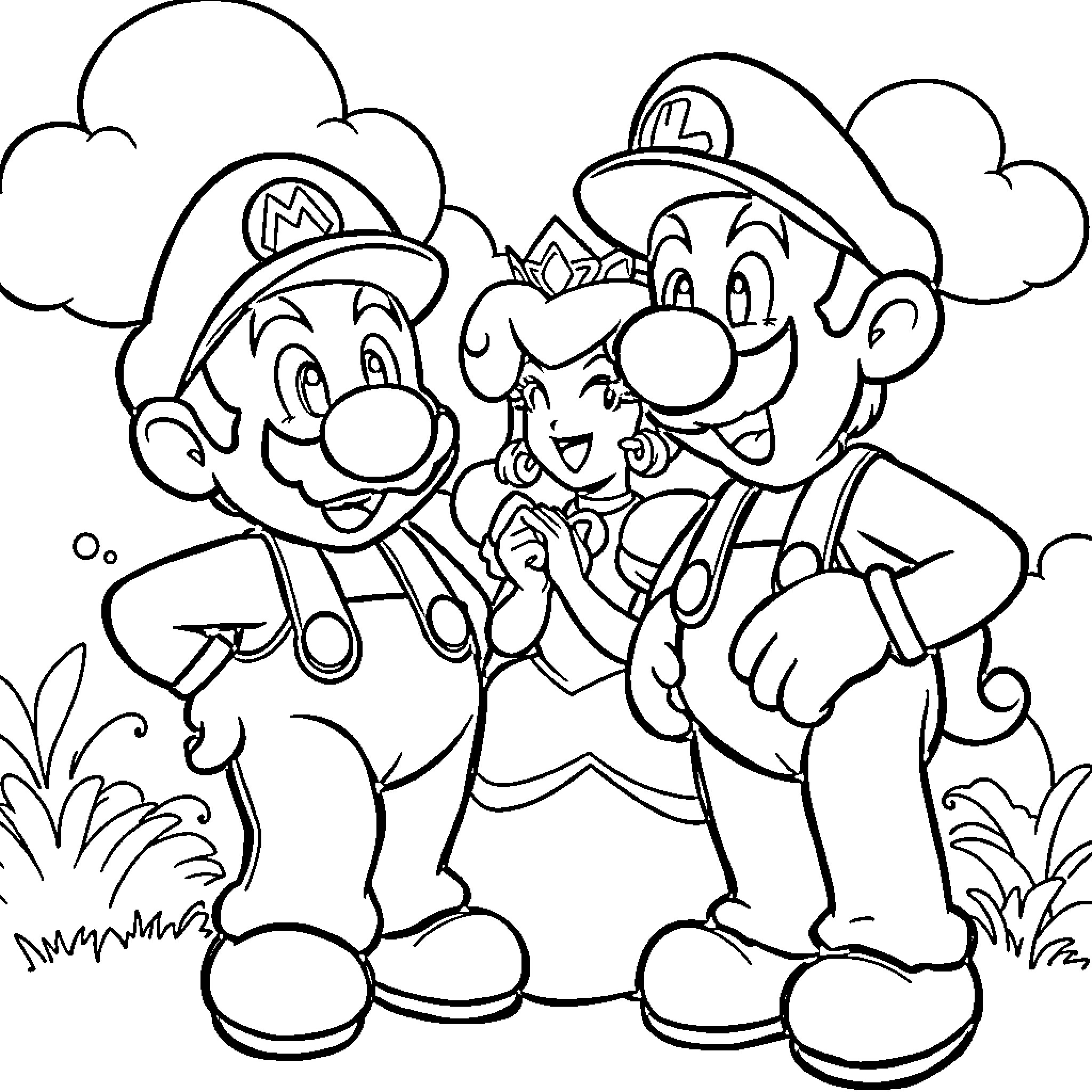 Mario and Luigi's Joyful Adventure Coloring Page (free black-and-white line drawing printable PDF for all, from beginners to advanced learners, including children, teens, adults, and seniors)