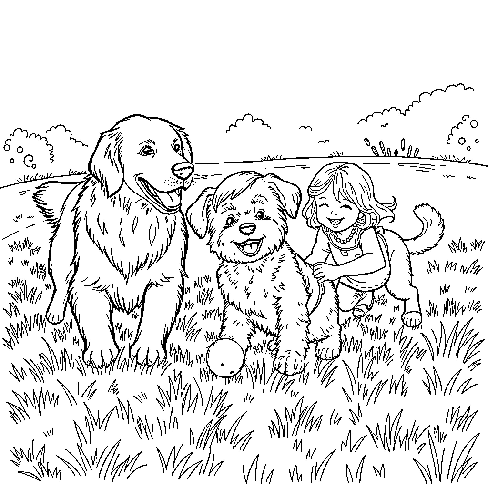 Dog and puppies playing happily in the park Coloring Page (free black-and-white line drawing printable PDF for all, from beginners to advanced learners, including children, teens, adults, and seniors)