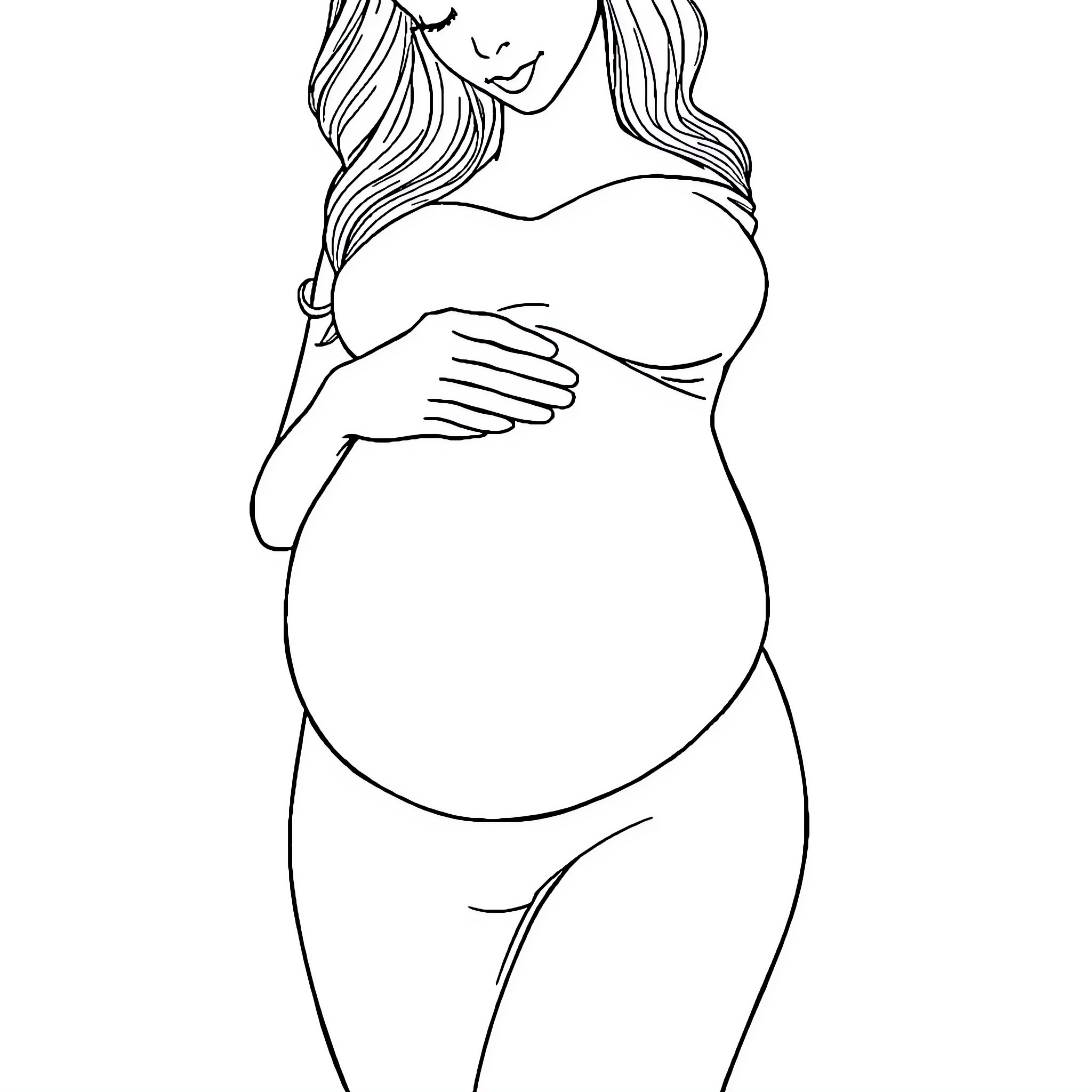 Woman embracing her pregnant belly Coloring Page (free black-and-white line drawing printable PDF for all, from beginners to advanced learners, including children, teens, adults, and seniors)