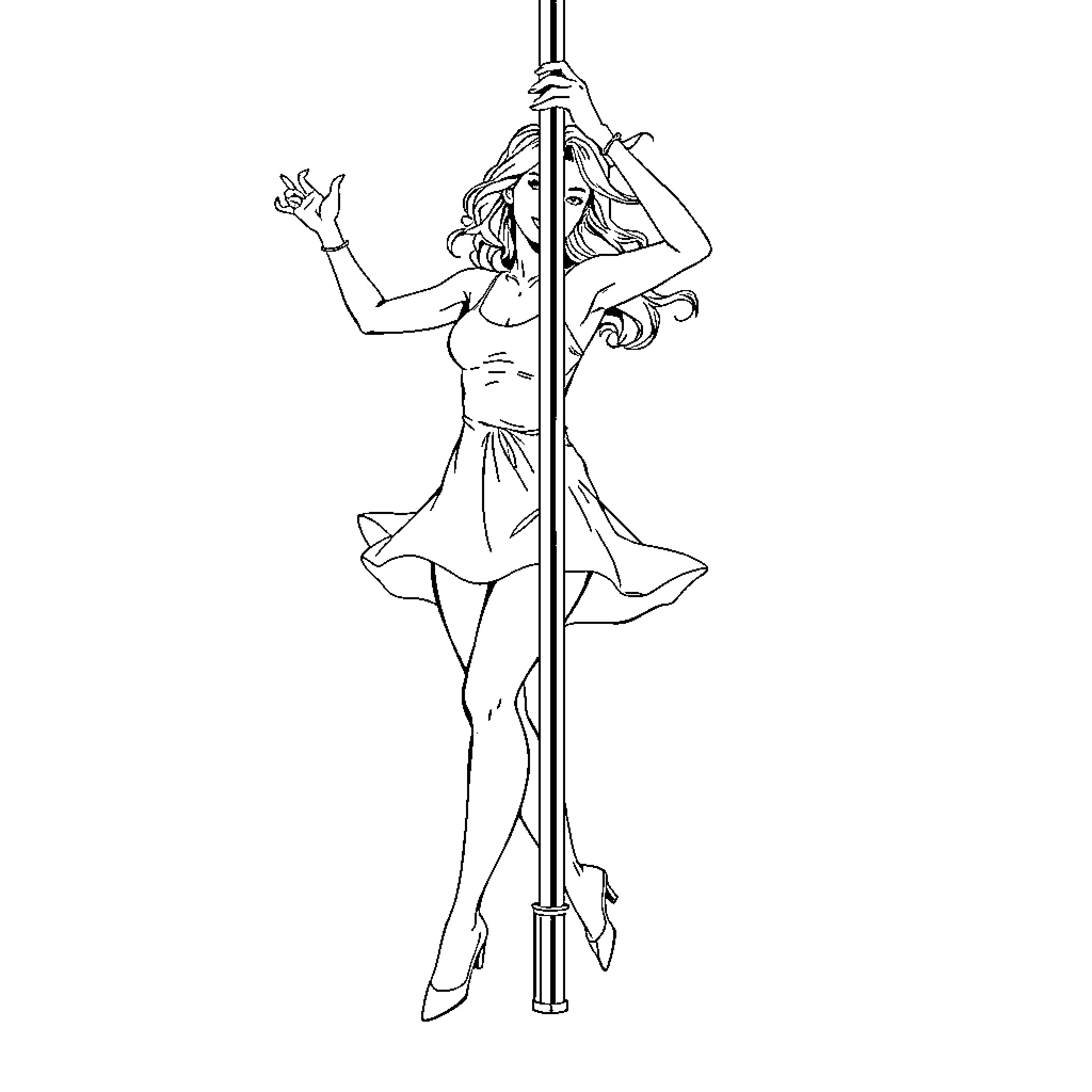 Dancer performing acrobatic moves on pole Coloring Page (free black-and-white line drawing printable PDF for all, from beginners to advanced learners, including children, teens, adults, and seniors)