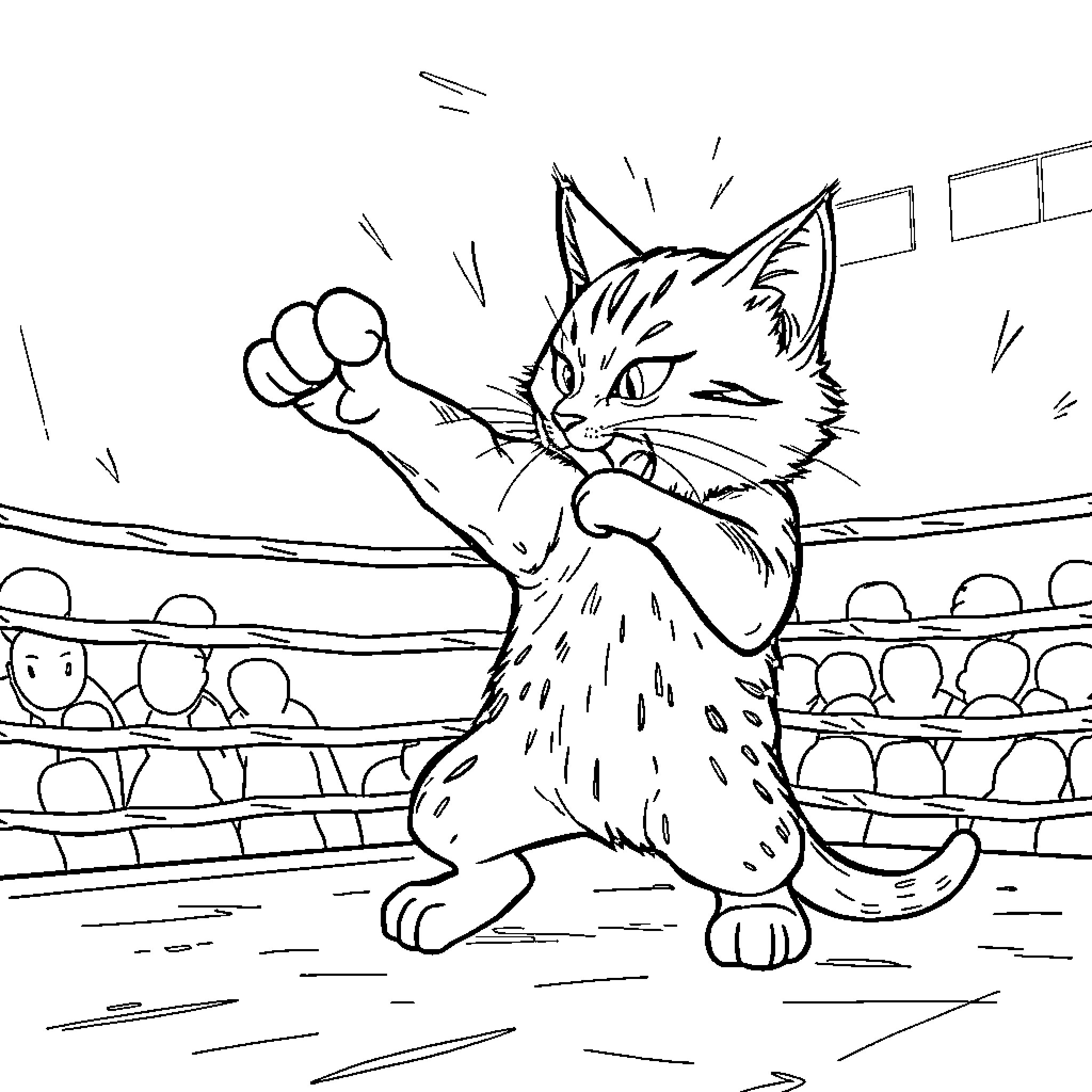 Cat boxing in the ring Coloring Page (free black-and-white line drawing printable PDF for all, from beginners to advanced learners, including children, teens, adults, and seniors)