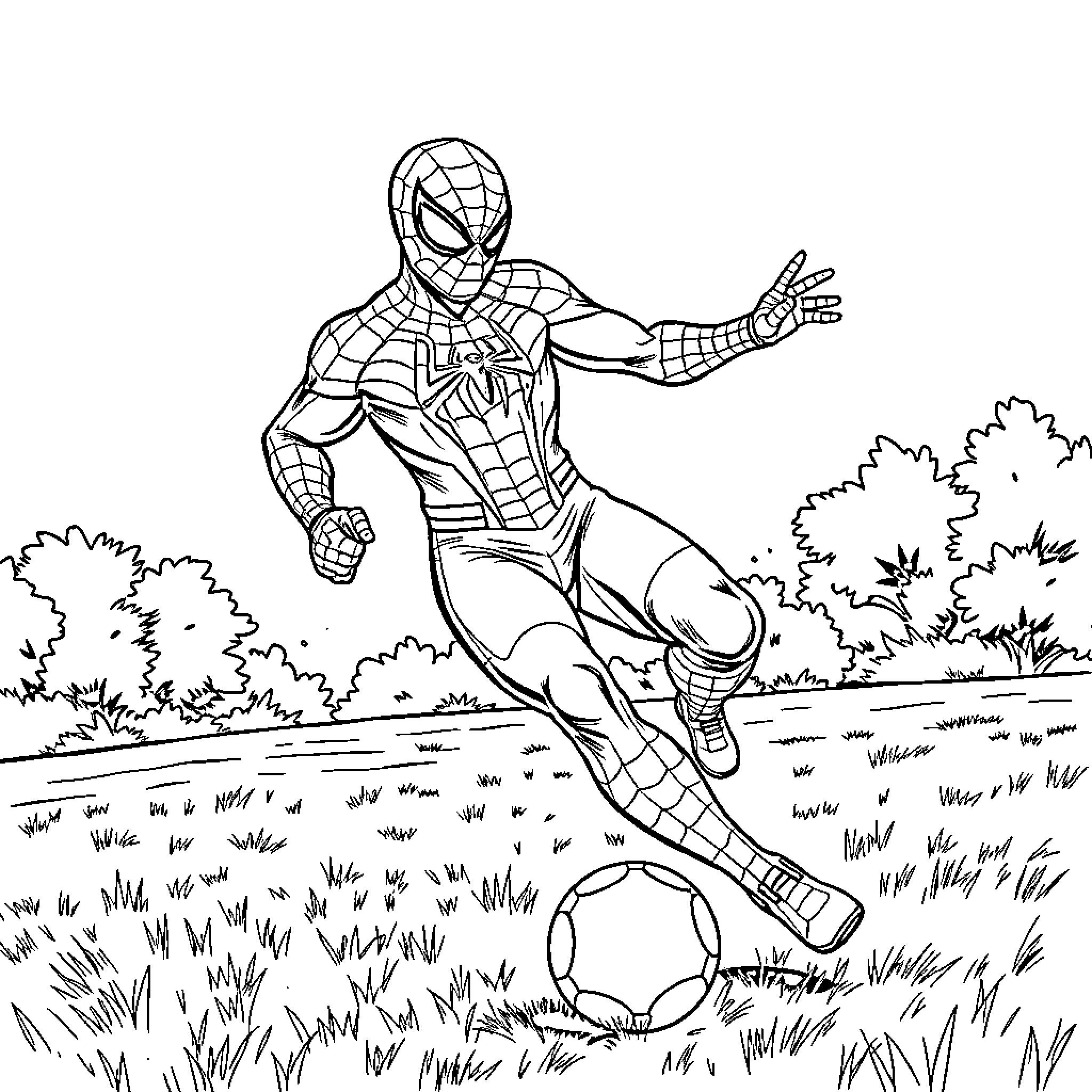 Spider-Man playing soccer in a grassy field Coloring Page (free black-and-white line drawing printable PDF for all, from beginners to advanced learners, including children, teens, adults, and seniors)