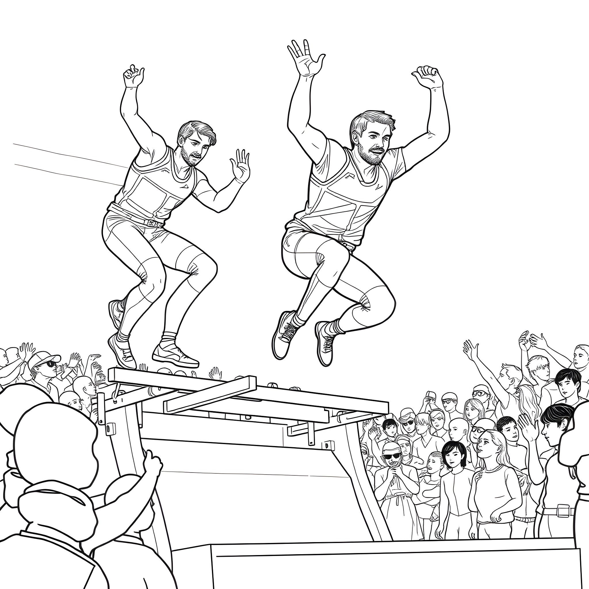 Grant Gustin in action poses with enthusiastic crowd Coloring Page (free black-and-white line drawing printable PDF for all, from beginners to advanced learners, including children, teens, adults, and seniors)