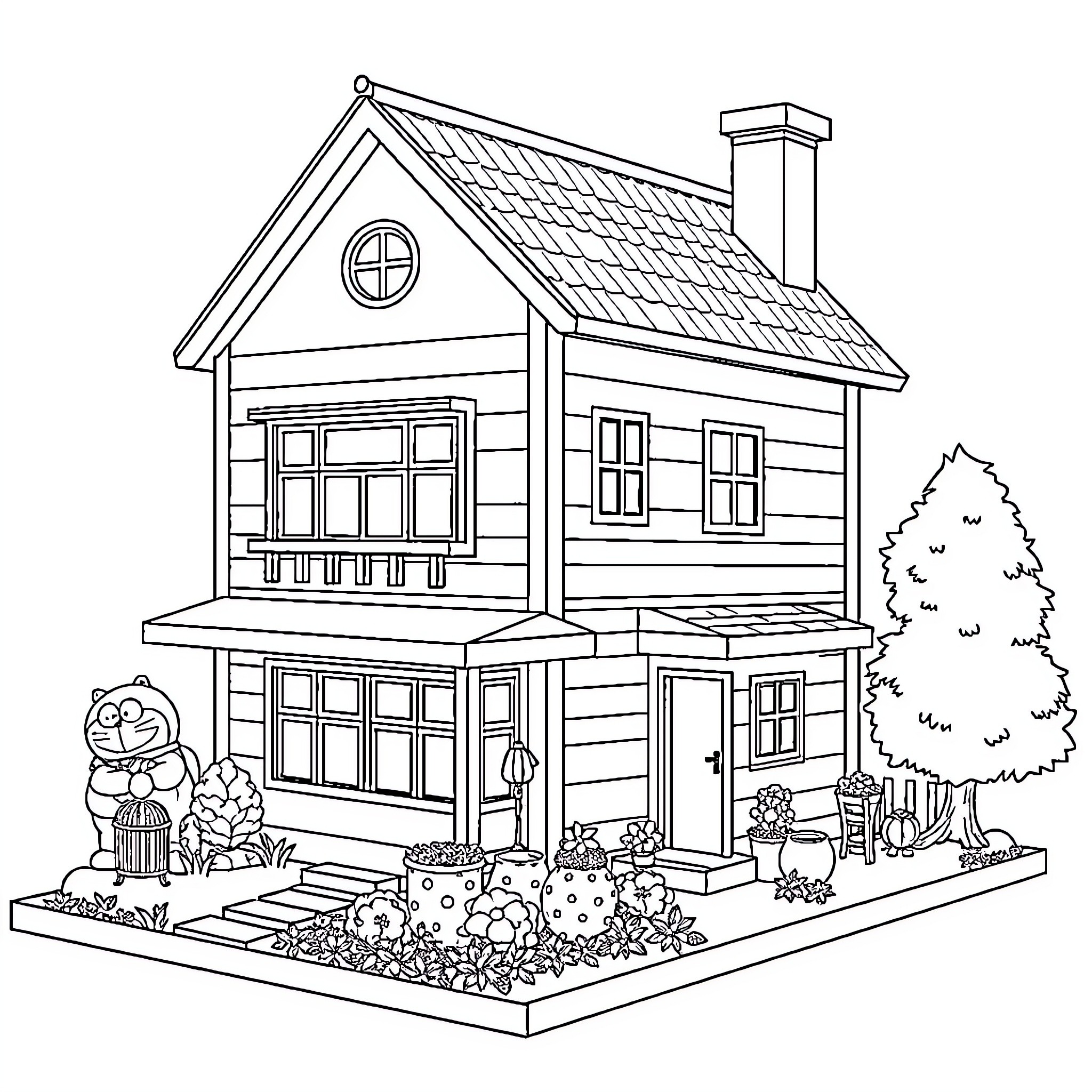 Doraemon's Cozy Cottage in the Garden Coloring Page (free black-and-white line drawing printable PDF for all, from beginners to advanced learners, including children, teens, adults, and seniors)