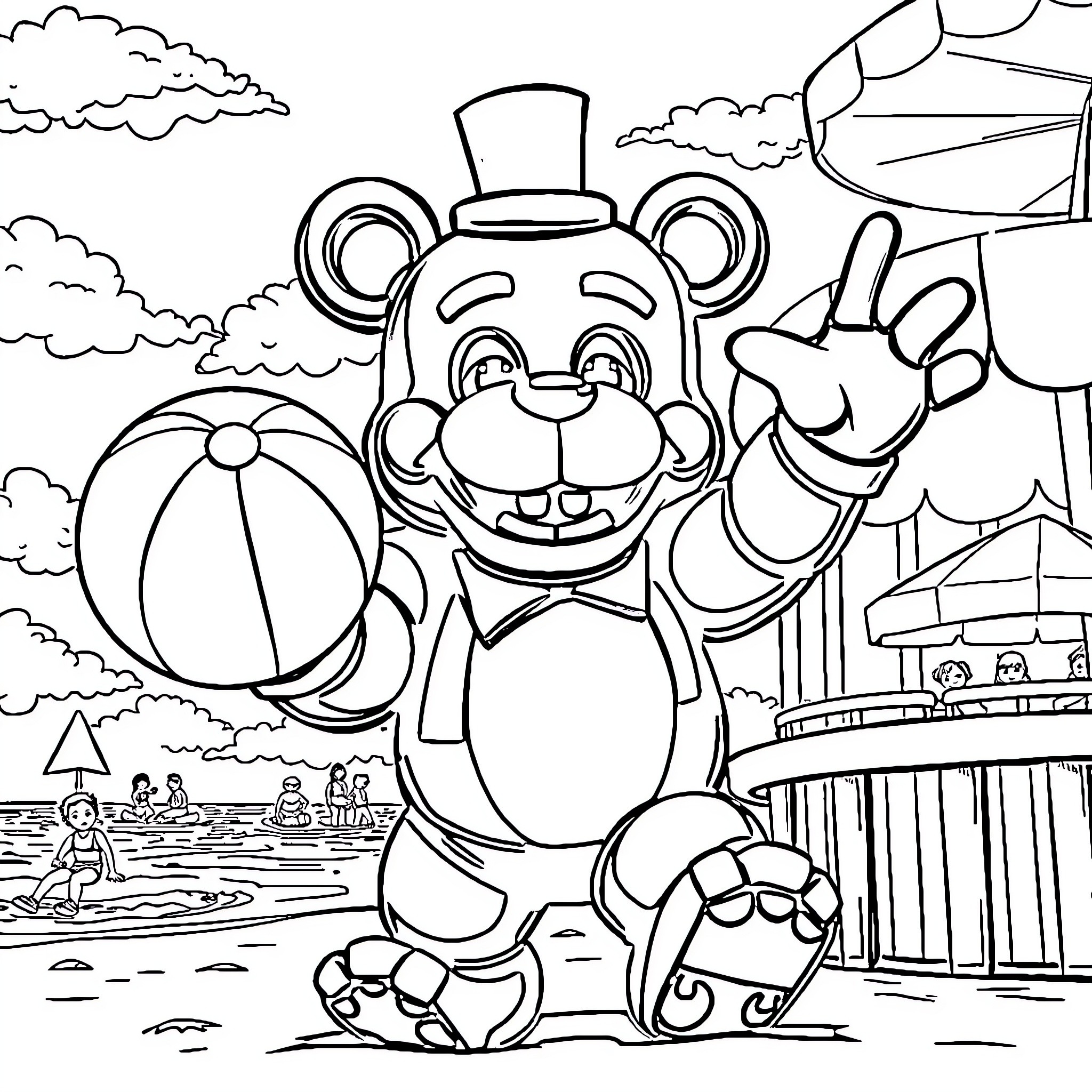 Freddy Fazbear Enjoying Beach Day with Friends Coloring Page (free black-and-white line drawing printable PDF for all, from beginners to advanced learners, including children, teens, adults, and seniors)