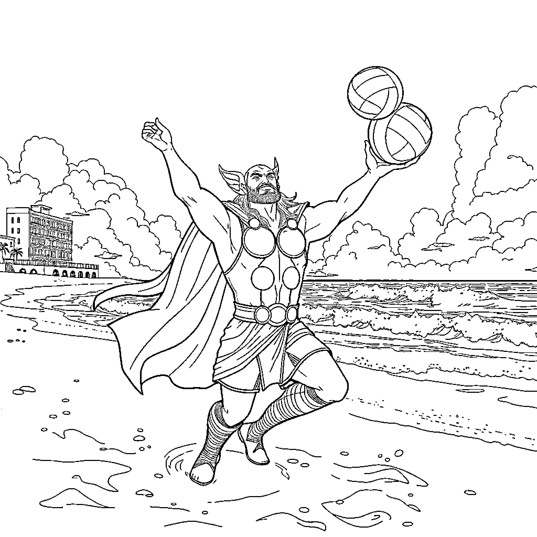 Thor's Triumphant Volleyball Game on the Beach Coloring Page (free black-and-white line drawing printable PDF for all, from beginners to advanced learners, including children, teens, adults, and seniors)
