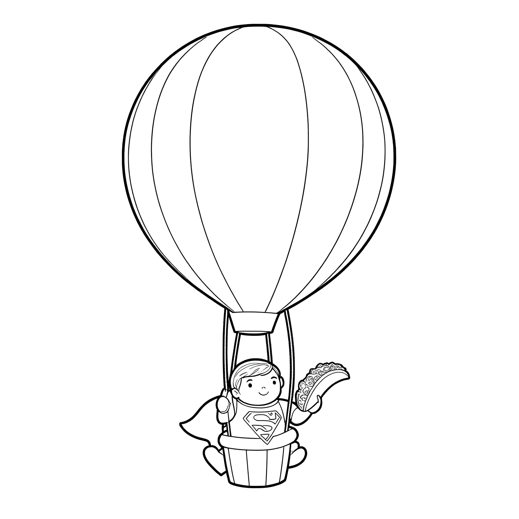 Superman riding in a hot air balloon Coloring Page (free black-and-white line drawing printable PDF for all, from beginners to advanced learners, including children, teens, adults, and seniors)
