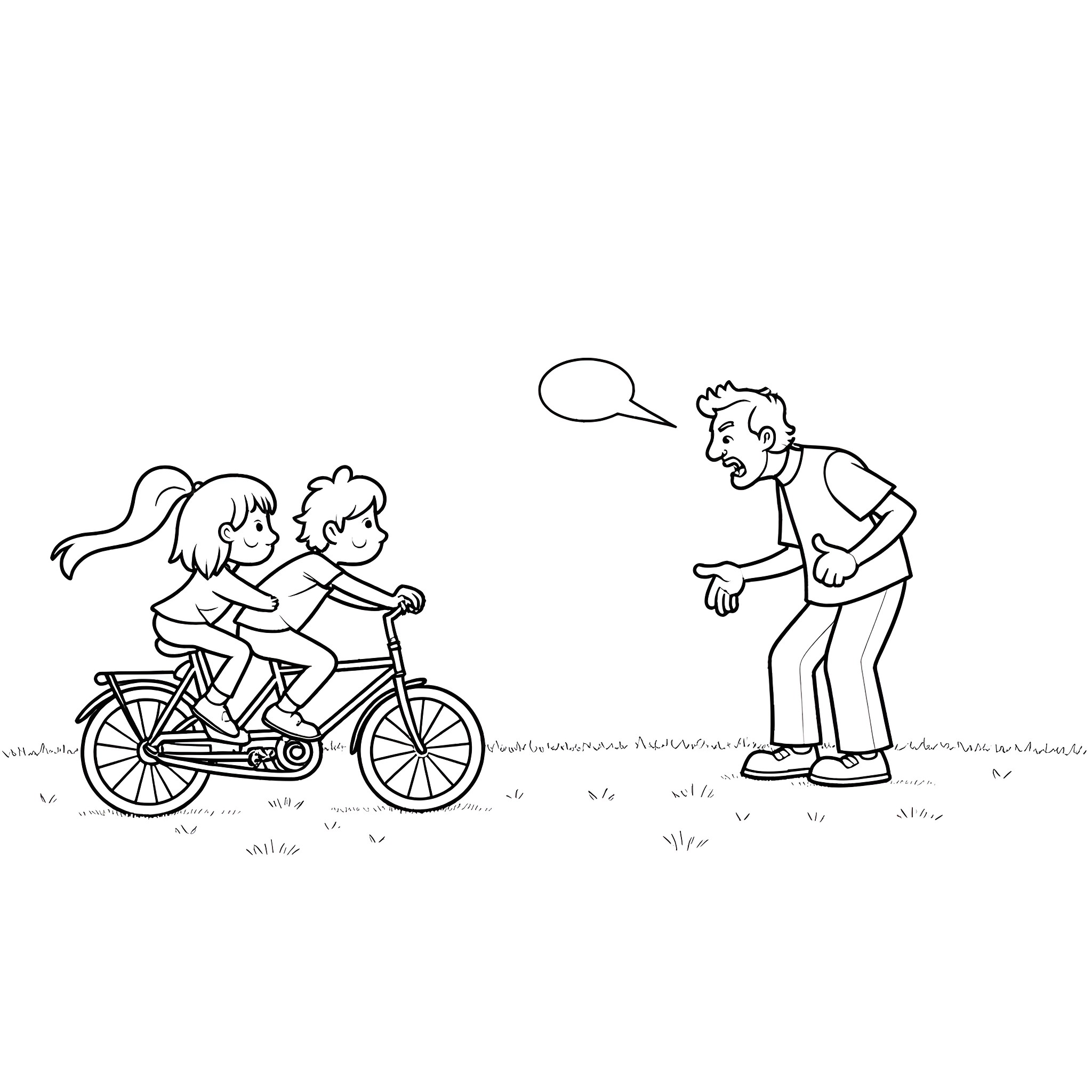 Old Man Interacting with Children on Bicycle Coloring Page (free black-and-white line drawing printable PDF for all, from beginners to advanced learners, including children, teens, adults, and seniors)