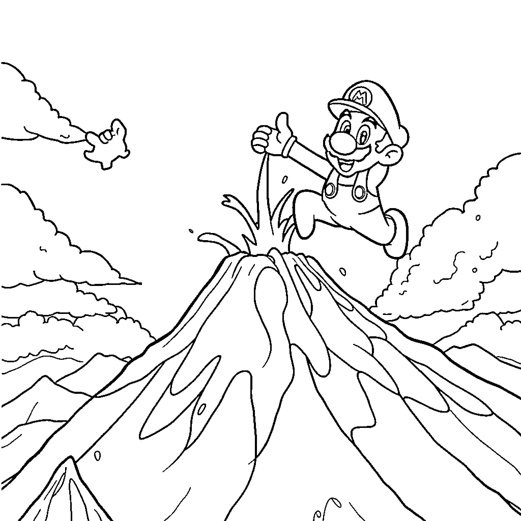 Yossi leaps joyfully from a volcanic eruption Coloring Page (free black-and-white line drawing printable PDF for all, from beginners to advanced learners, including children, teens, adults, and seniors)