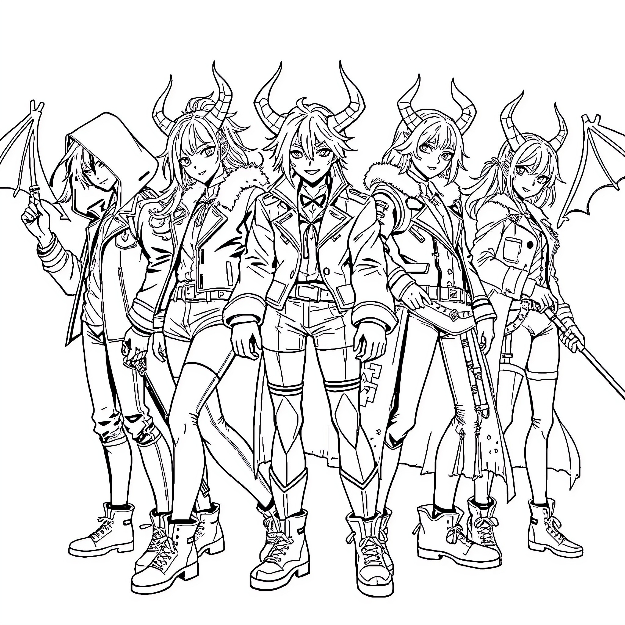 Demon Hunter Squad in Fierce Attire Coloring Page (free black-and-white line drawing printable PDF for all, from beginners to advanced learners, including children, teens, adults, and seniors)