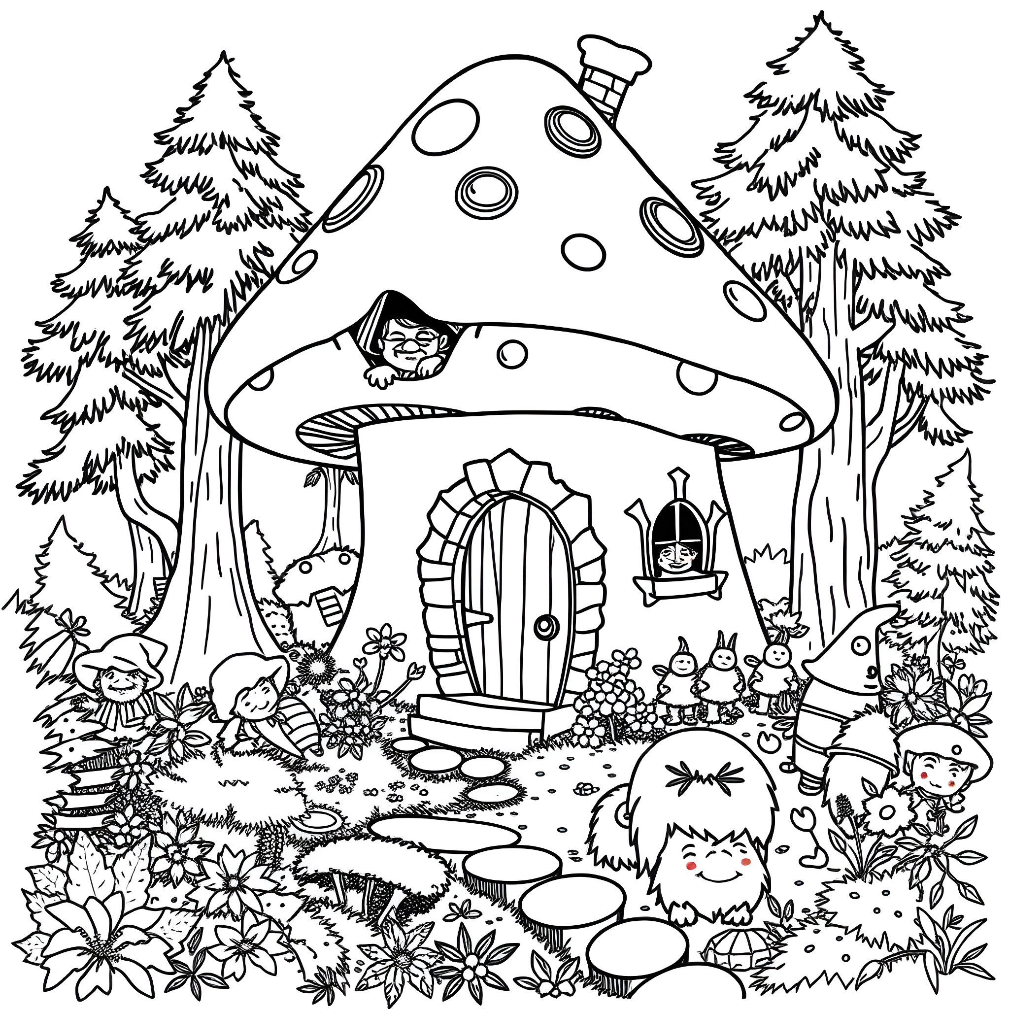Mushroom Forest with Whimsical Creatures Coloring Page (free black-and-white line drawing printable PDF for all, from beginners to advanced learners, including children, teens, adults, and seniors)