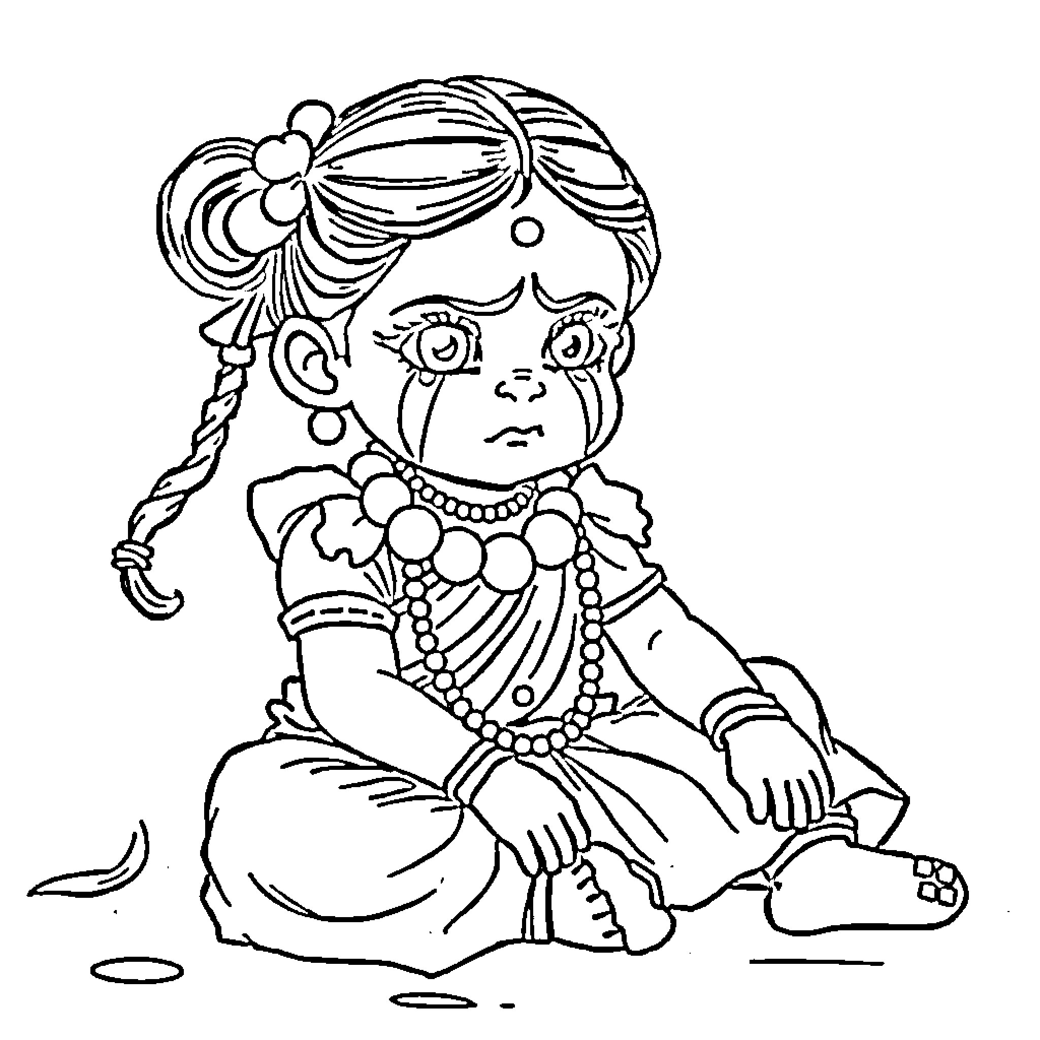 Clown in ornate costume sitting on the ground Coloring Page (free black-and-white line drawing printable PDF for all, from beginners to advanced learners, including children, teens, adults, and seniors)