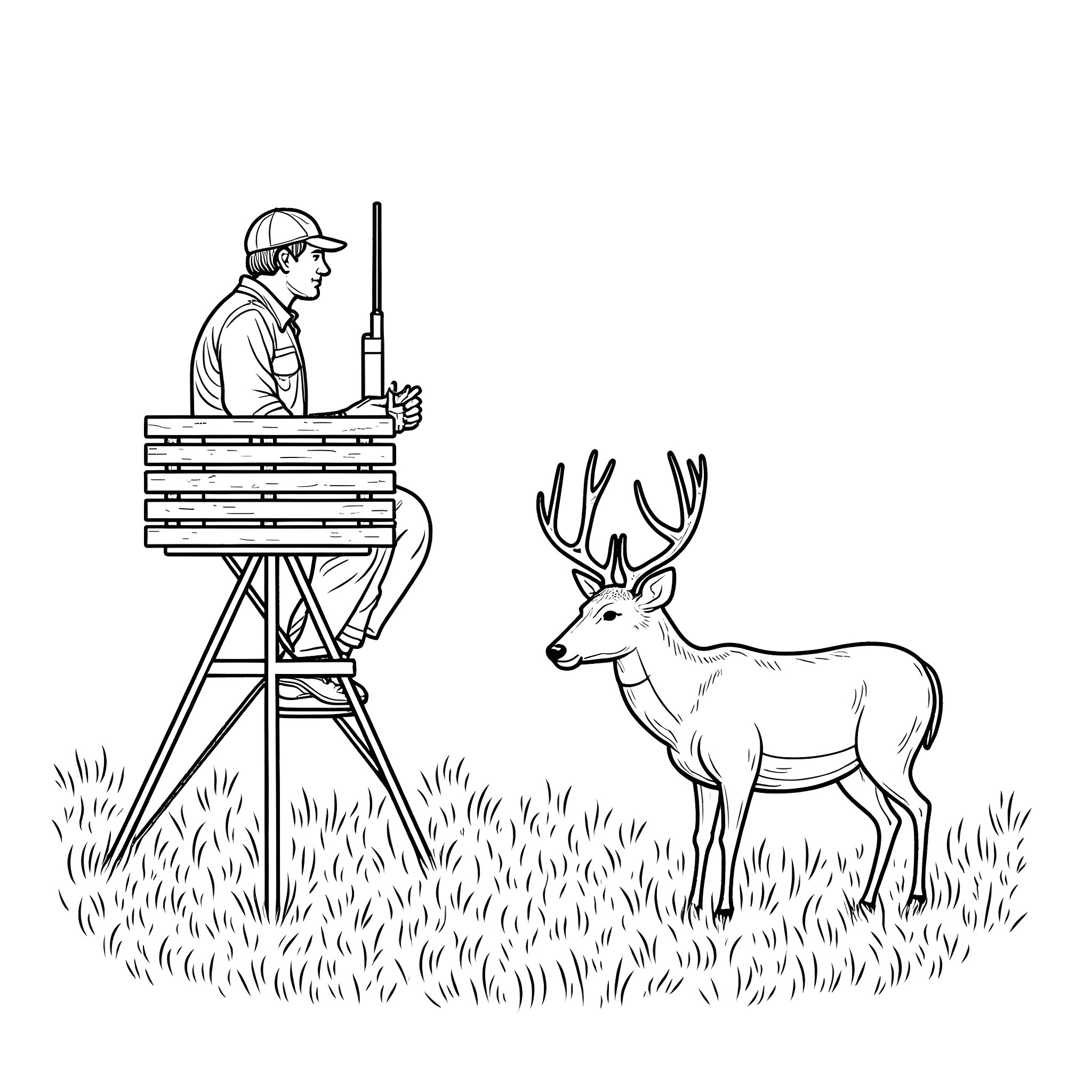 Hunter setting up equipment to observe deer in the wild Coloring Page (free black-and-white line drawing printable PDF for all, from beginners to advanced learners, including children, teens, adults, and seniors)