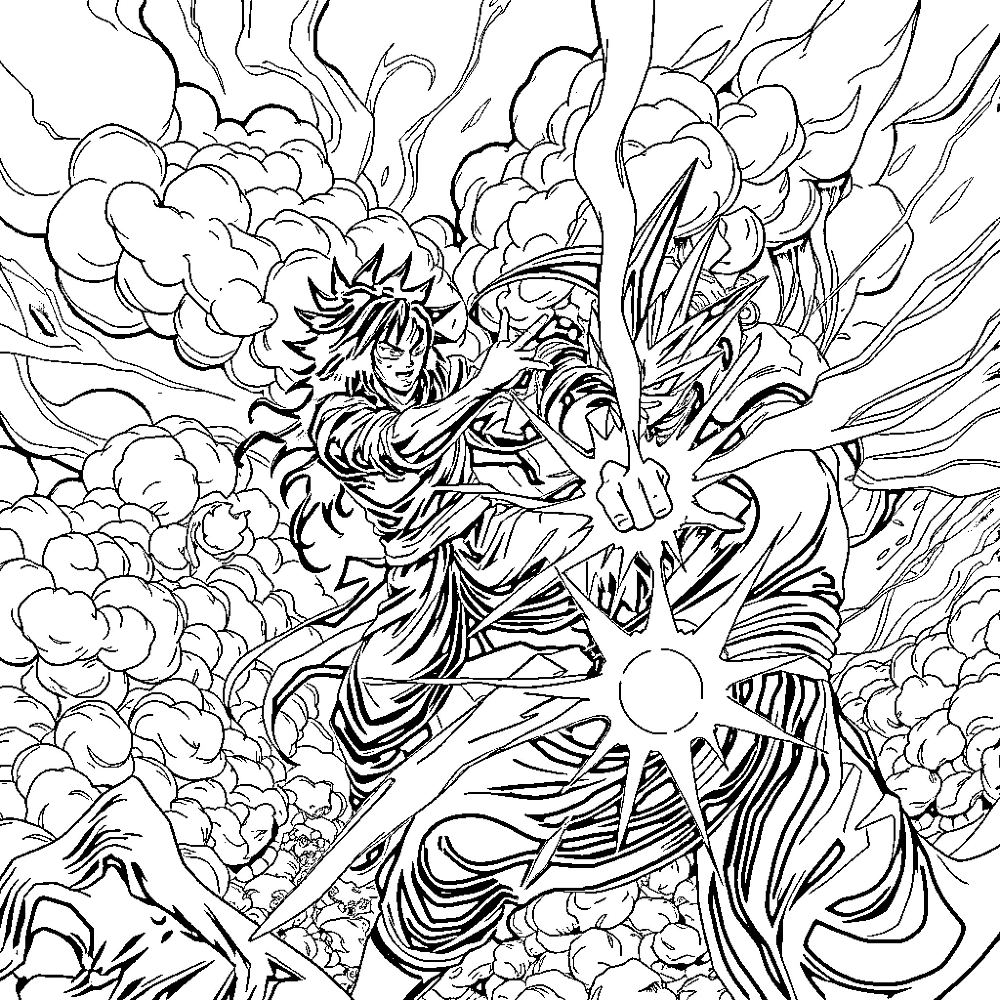 Madara's Powerful Ethereal Manifestation Coloring Page (free black-and-white line drawing printable PDF for all, from beginners to advanced learners, including children, teens, adults, and seniors)