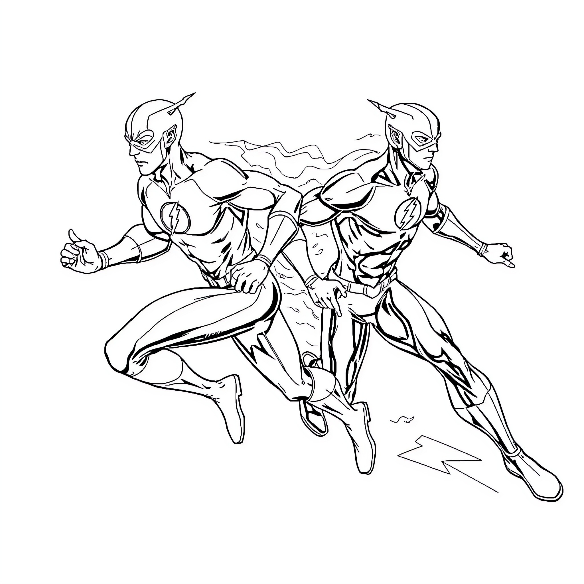 Flash superheroes racing into action Coloring Page (free black-and-white line drawing printable PDF for all, from beginners to advanced learners, including children, teens, adults, and seniors)