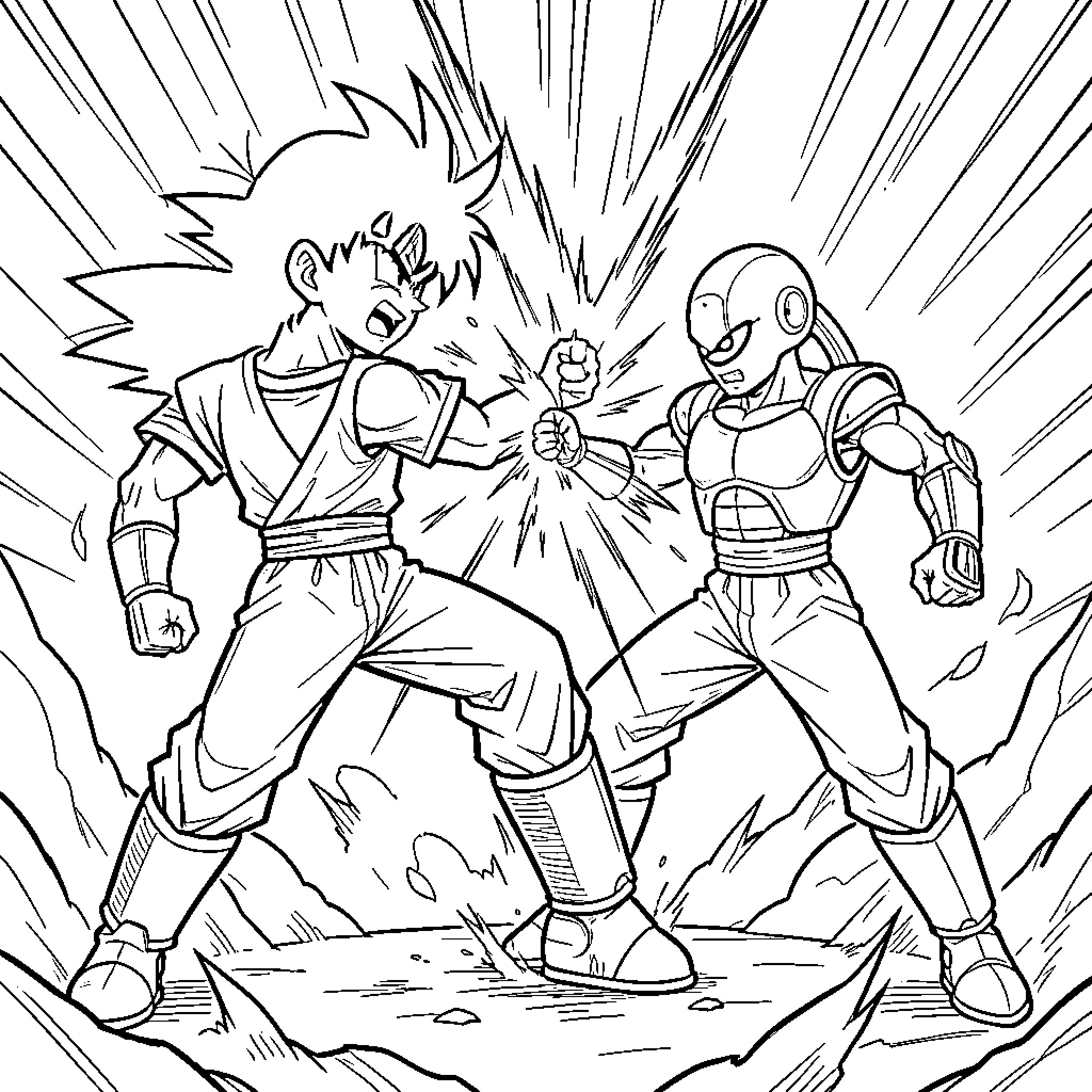 Gohan fighting intensely against an opponent in battle Coloring Page (free black-and-white line drawing printable PDF for all, from beginners to advanced learners, including children, teens, adults, and seniors)