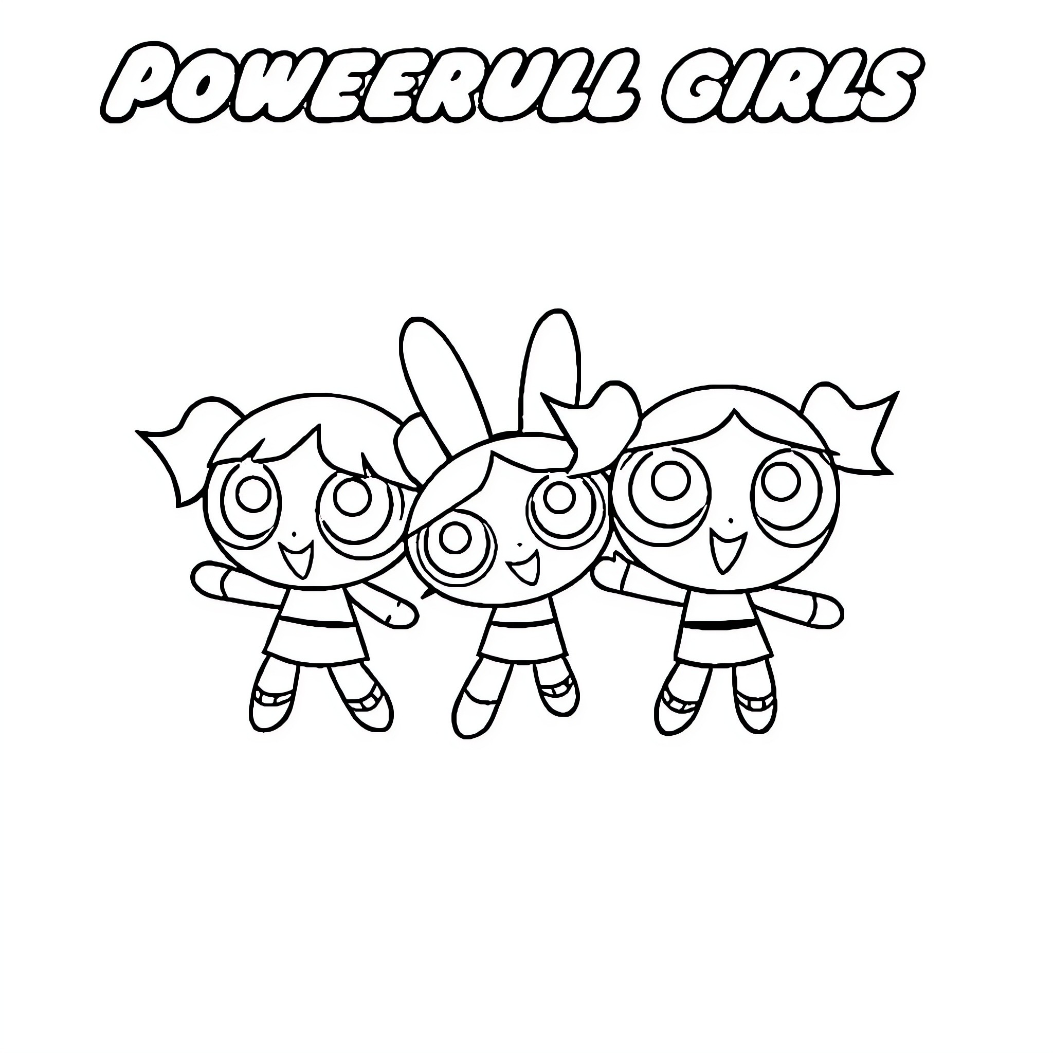 Powerpuff Girls in cheerful poses Coloring Page (free black-and-white line drawing printable PDF for all, from beginners to advanced learners, including children, teens, adults, and seniors)