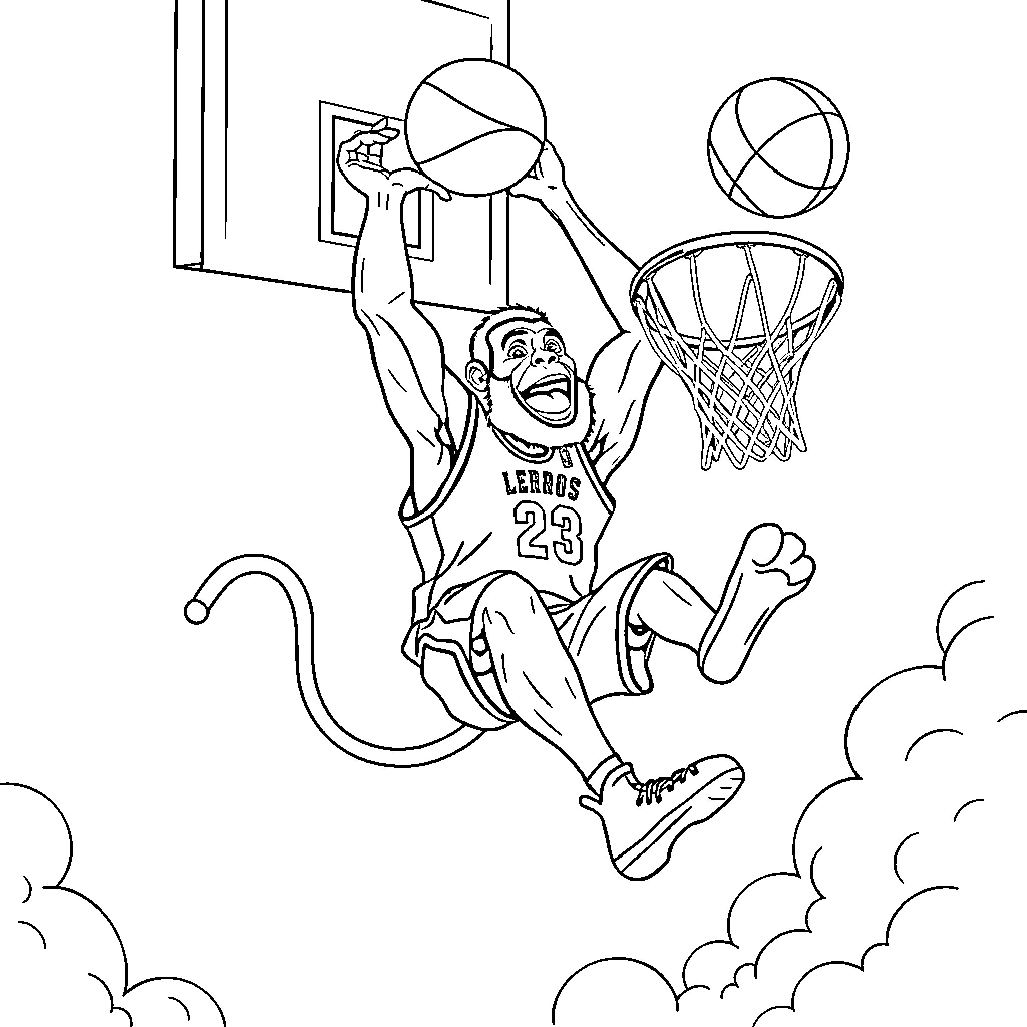 LeBron James dunking basketball in action-packed scene Coloring Page (free black-and-white line drawing printable PDF for all, from beginners to advanced learners, including children, teens, adults, and seniors)