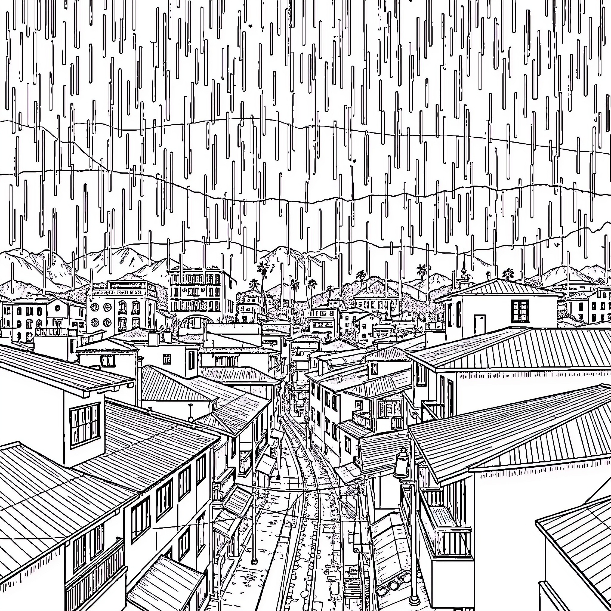 City of bustling activity with diverse architectural styles Coloring Page (free black-and-white line drawing printable PDF for all, from beginners to advanced learners, including children, teens, adults, and seniors)