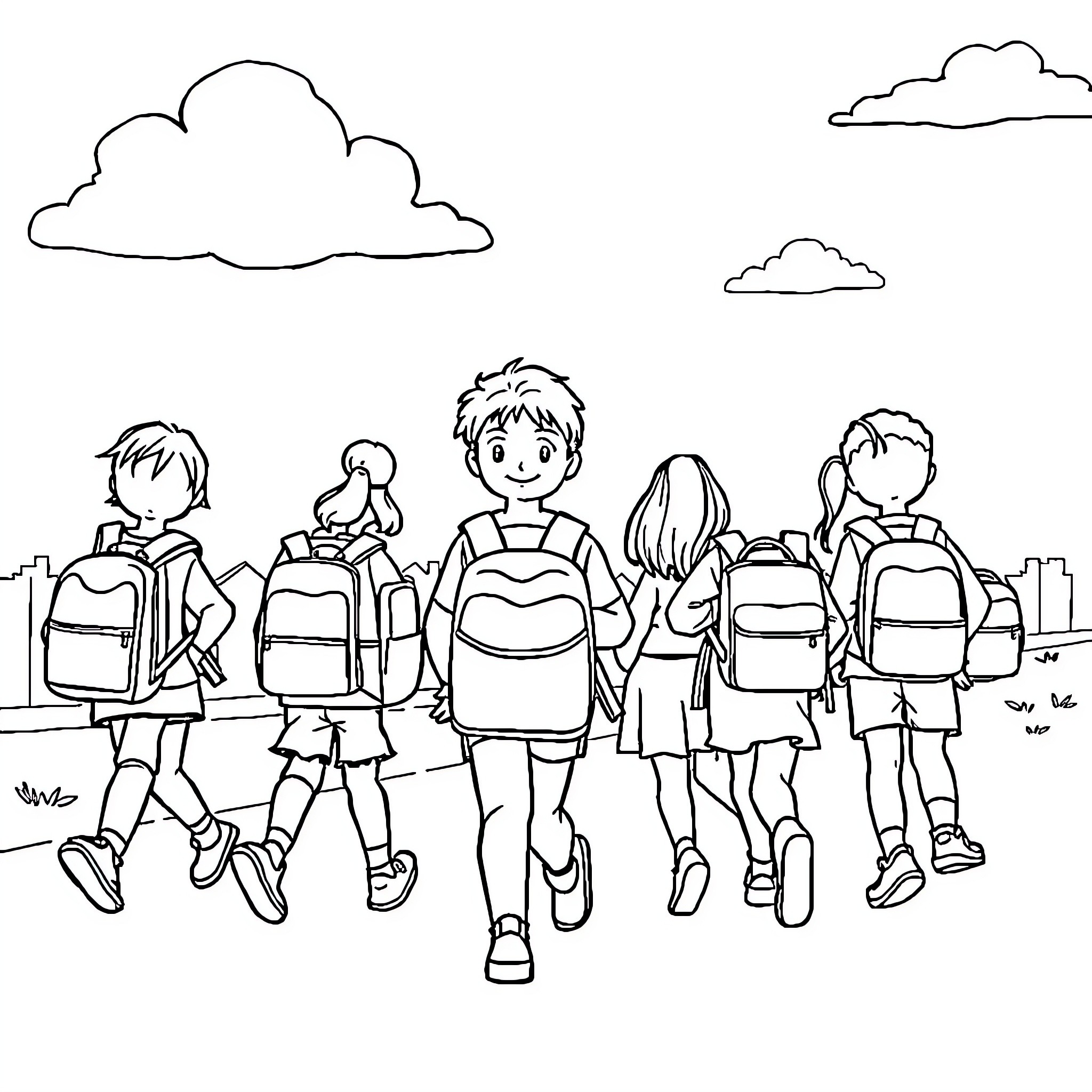 Back to School Children Excited for New Year Coloring Page (free black-and-white line drawing printable PDF for all, from beginners to advanced learners, including children, teens, adults, and seniors)