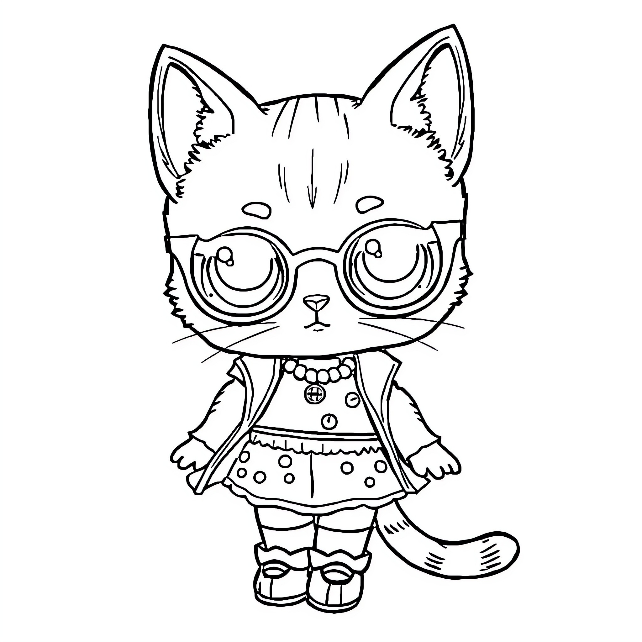 Gabby Cat in Quirky Outfit and Glasses Coloring Page (free black-and-white line drawing printable PDF for all, from beginners to advanced learners, including children, teens, adults, and seniors)