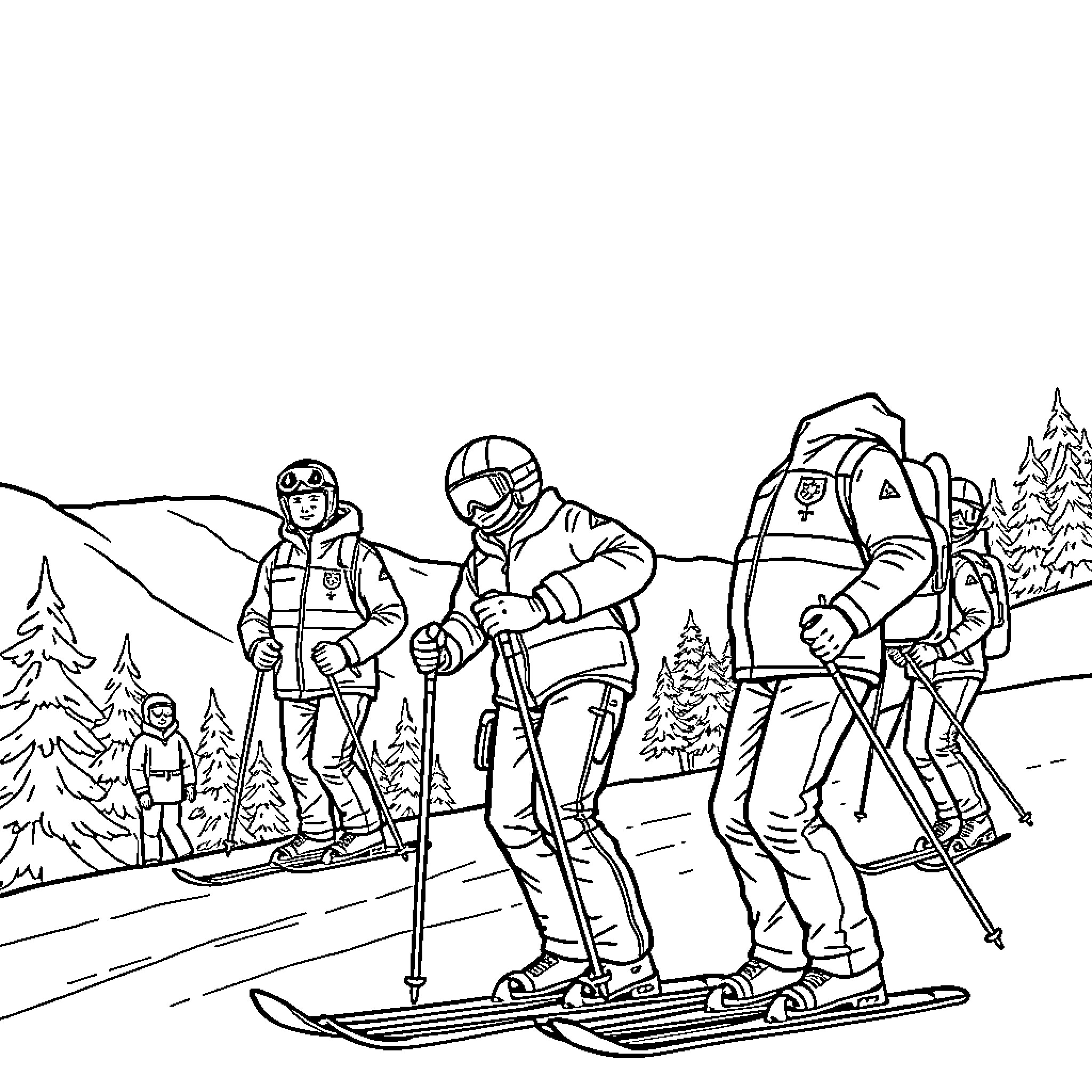 Ski Patrol Assisting Skiers on the Slopes Coloring Page (free black-and-white line drawing printable PDF for all, from beginners to advanced learners, including children, teens, adults, and seniors)